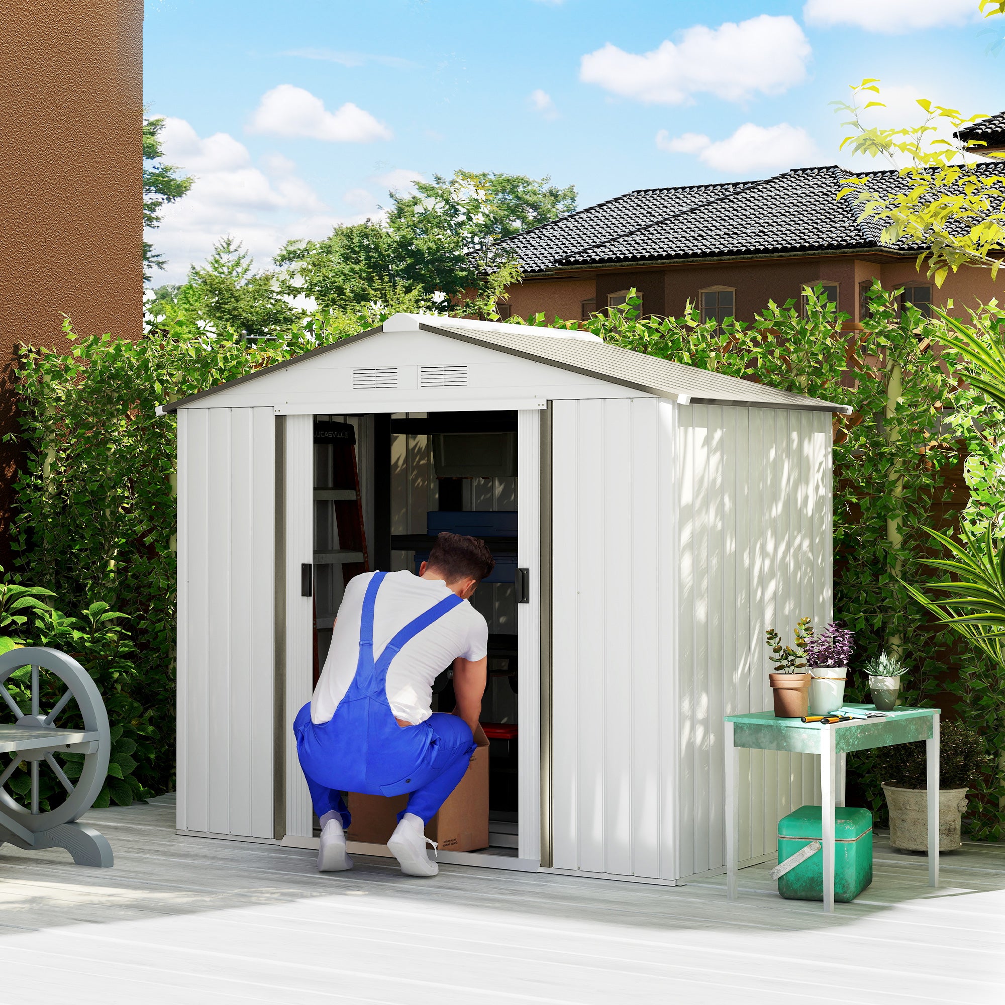 Abrigo de Jardim Metálico 213x130x185cm Branco, Cinzento e Prata