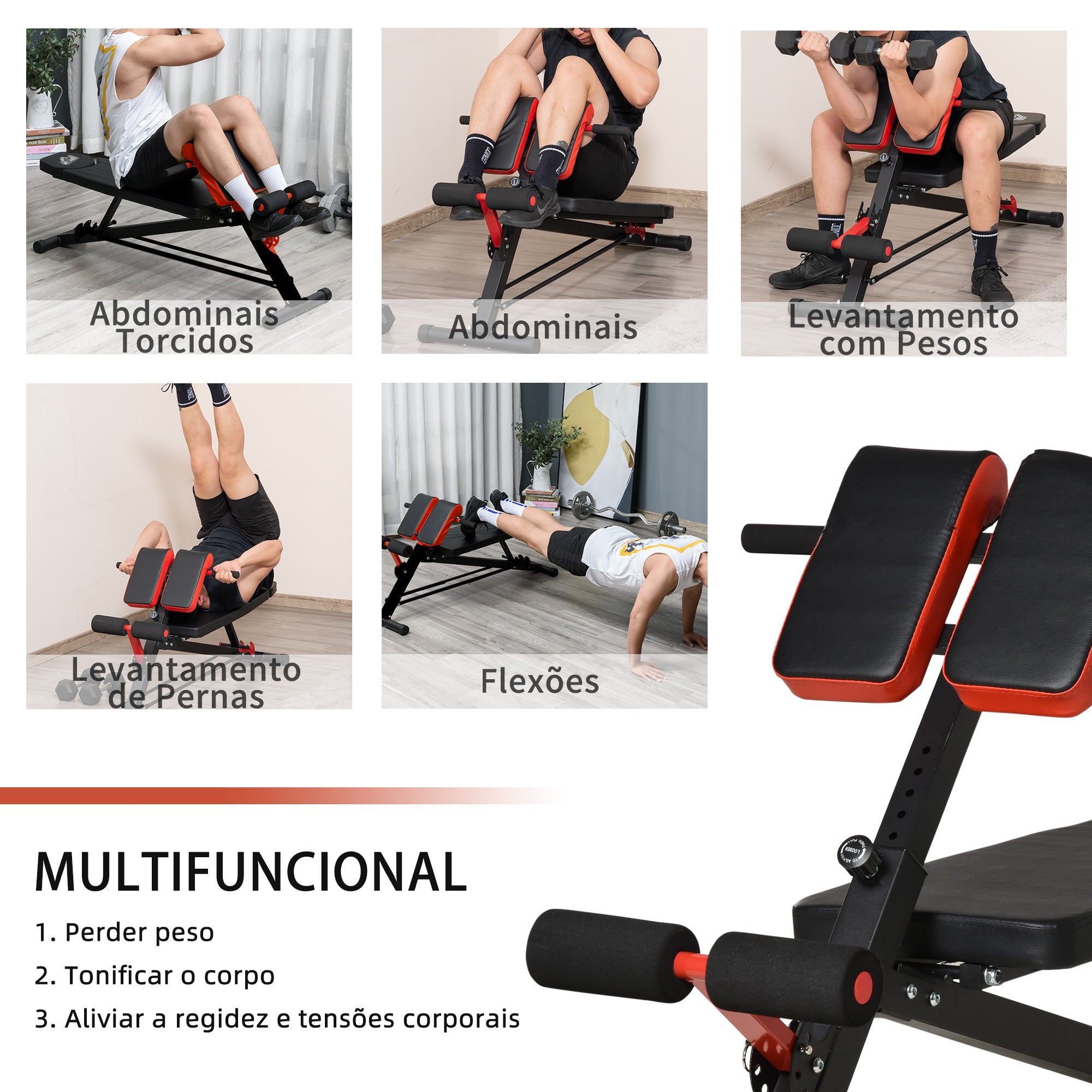 Banco de Halteres Inclinável 64x146x73.5-85cm - Negro y Rojo