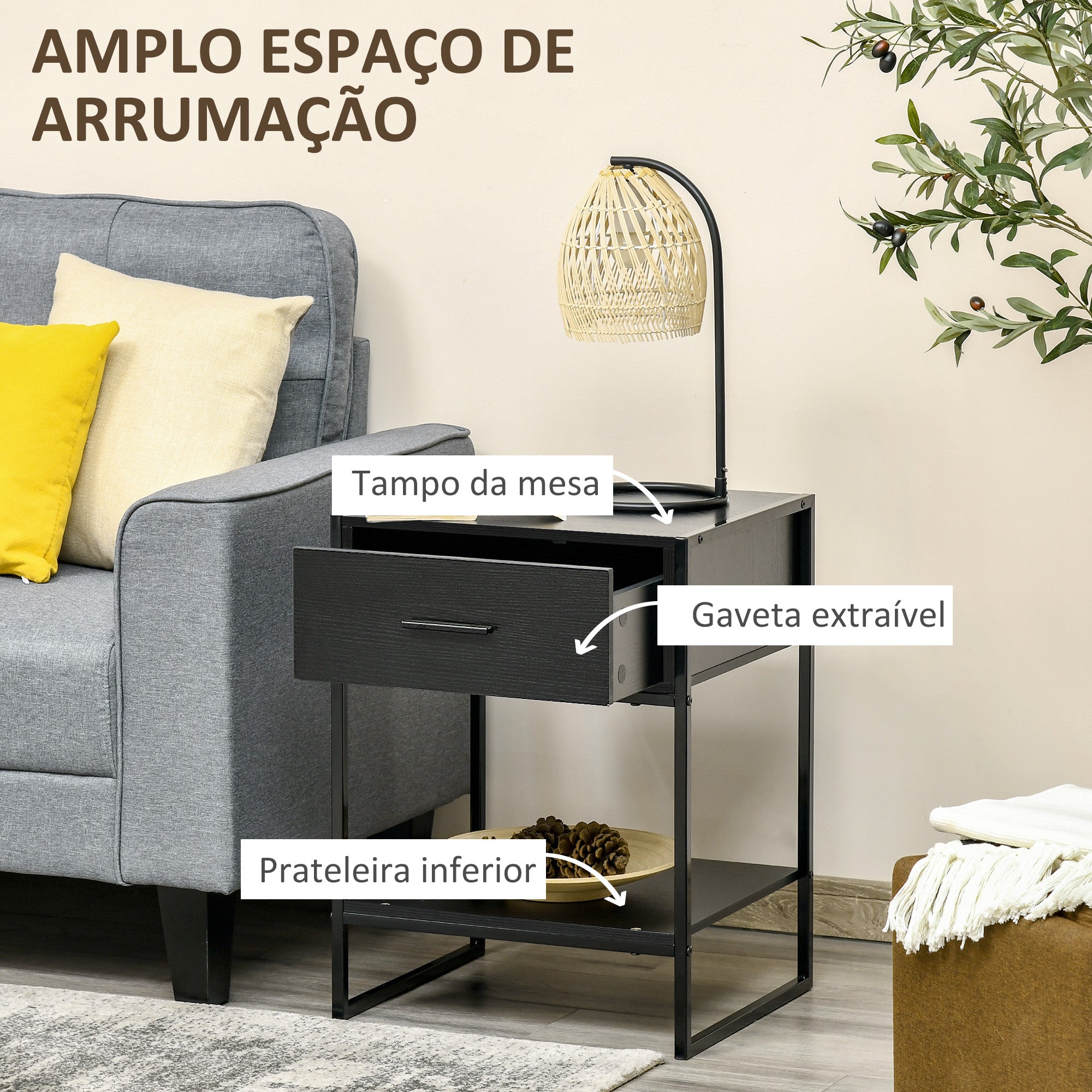 Mesa de Cabeceira com Gaveta e Prateleira de Armazenamento 45x40x60cm Preto