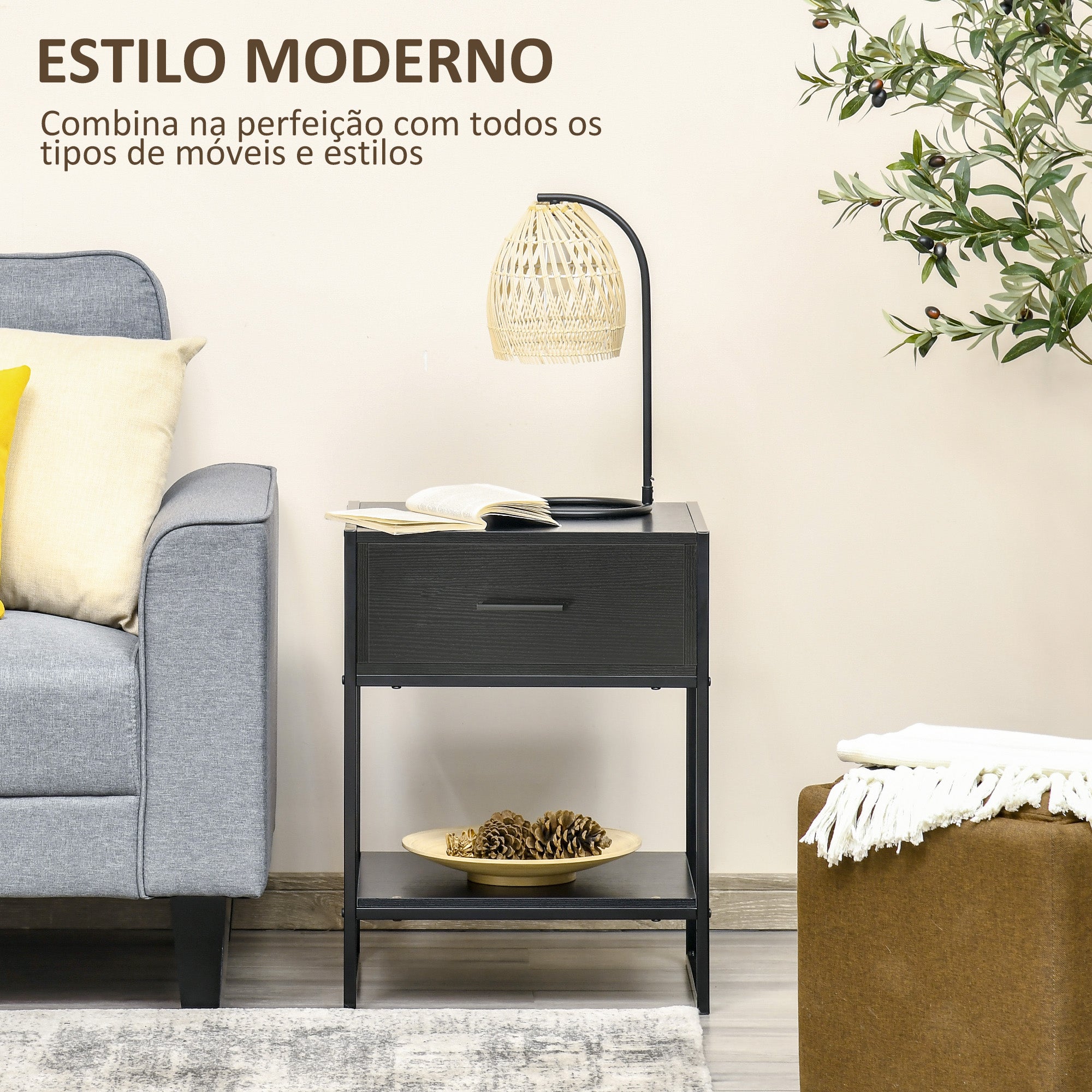 Mesa de Cabeceira com Gaveta e Prateleira de Armazenamento 45x40x60cm Preto