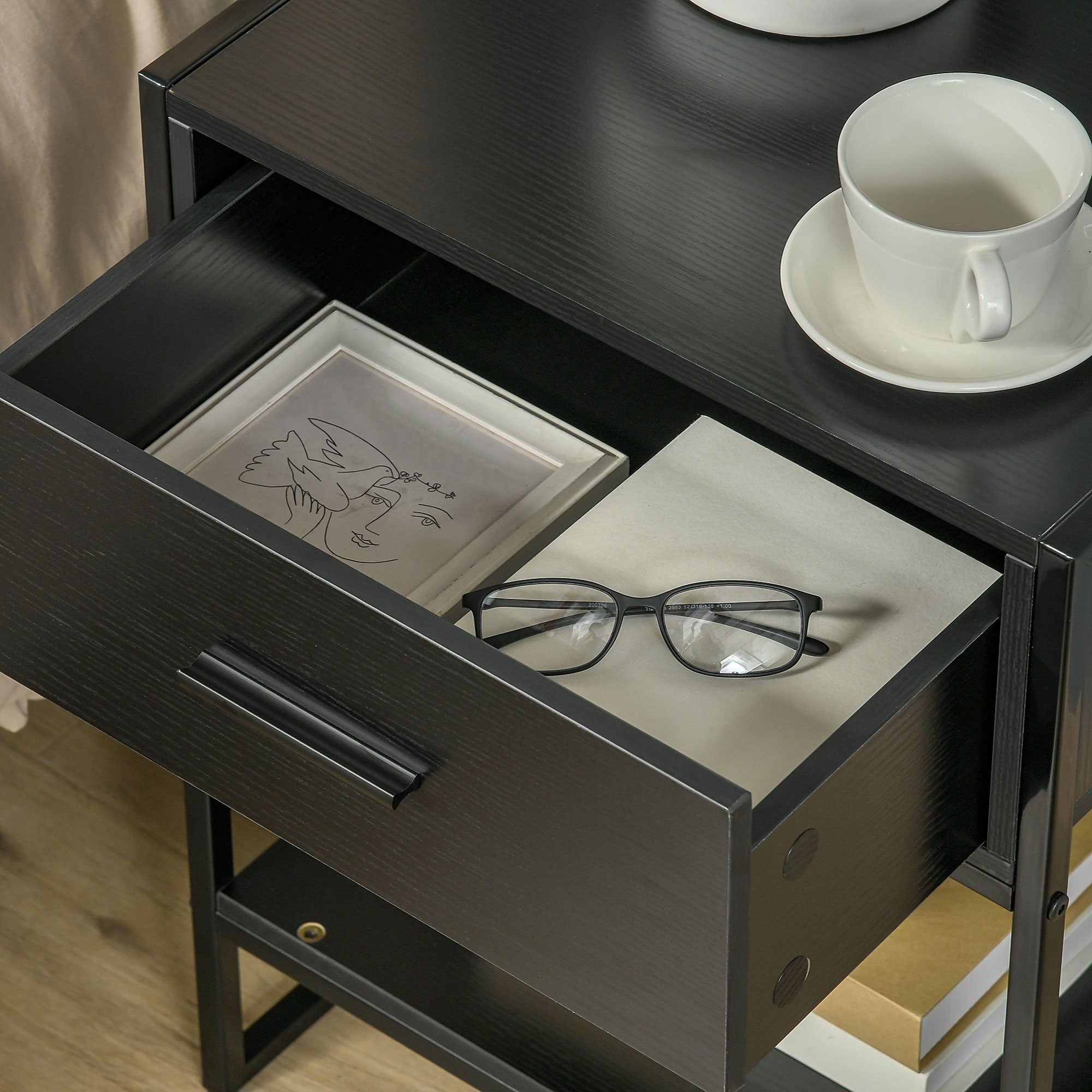 Mesa de Cabeceira com Gaveta e Prateleira de Armazenamento 45x40x60cm Preto