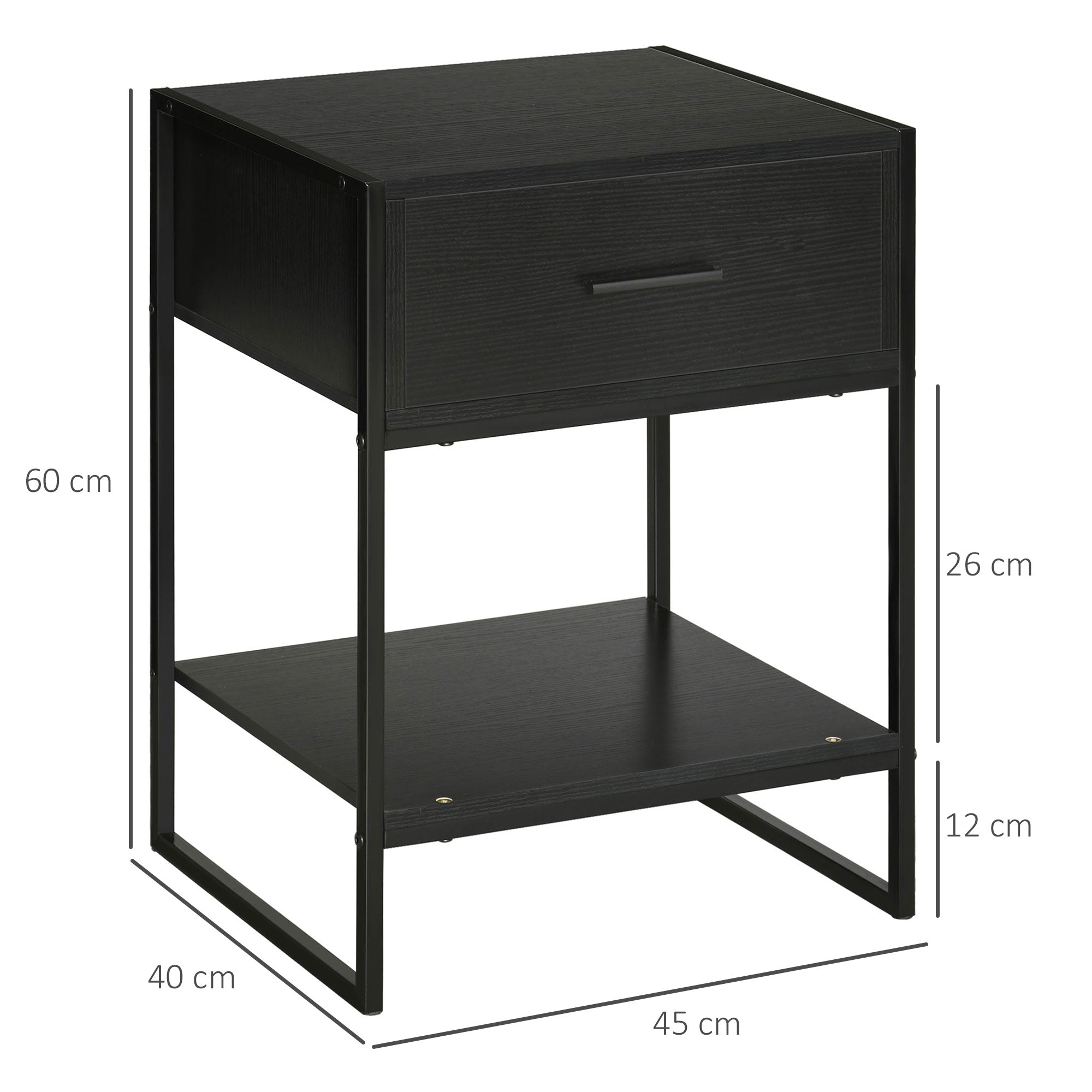Mesa de Cabeceira com Gaveta e Prateleira de Armazenamento 45x40x60cm Preto