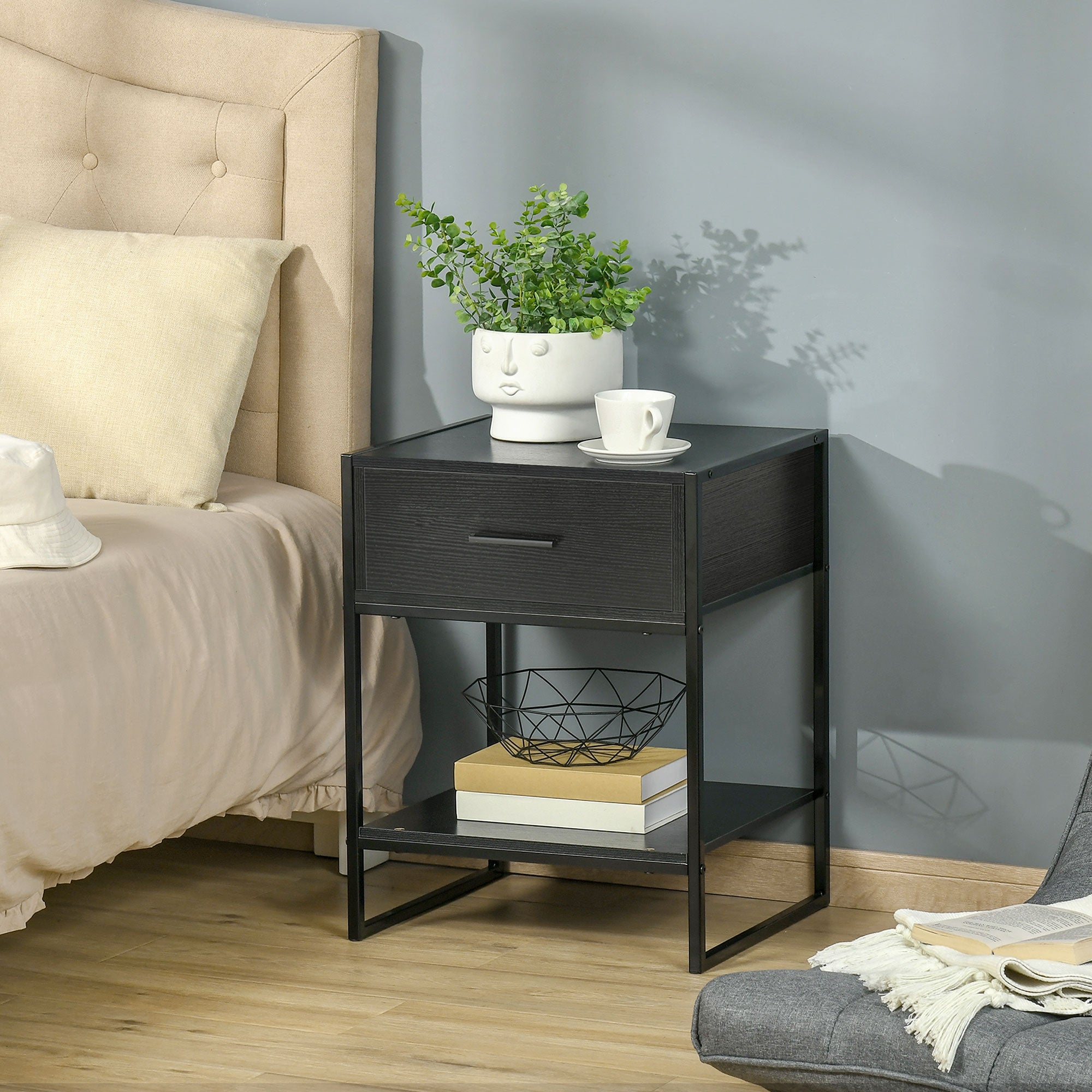 Mesa de Cabeceira com Gaveta e Prateleira de Armazenamento 45x40x60cm Preto