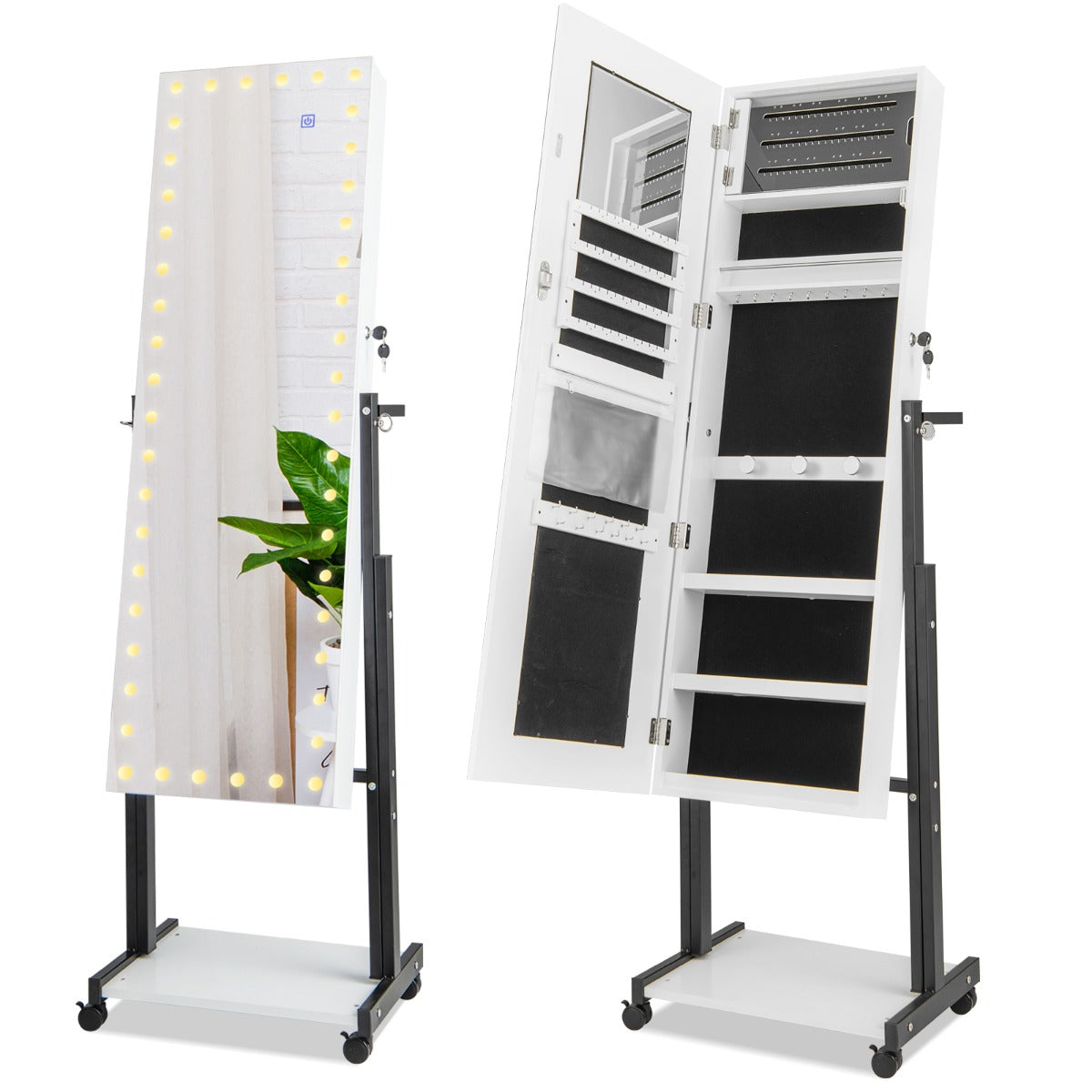 Armário de Jóias de Pé com Fechadura LED de 3 Cores Espelho de Maquilhagem Altura e Ângulo Ajustáveis e Rodas Universais Branco