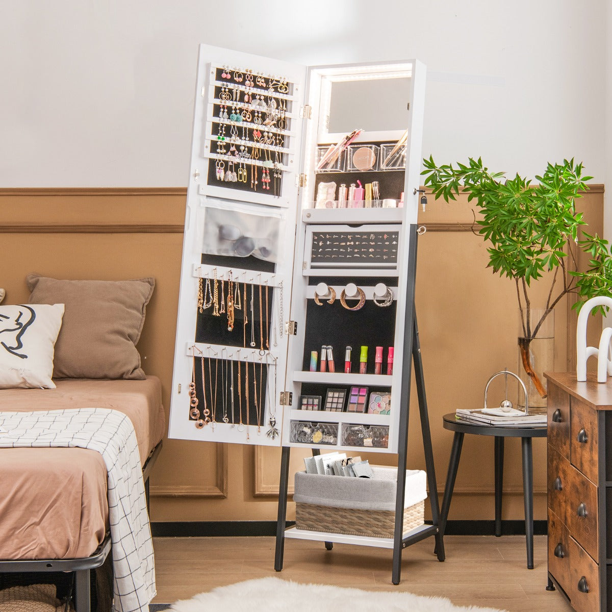 Joyeiro Independente com Fechadura, Espelho de Corpo Inteiro, Luzes LED de 3 Cores e Prateleira Inferior 41,5 x 37 x 157cm - Branco