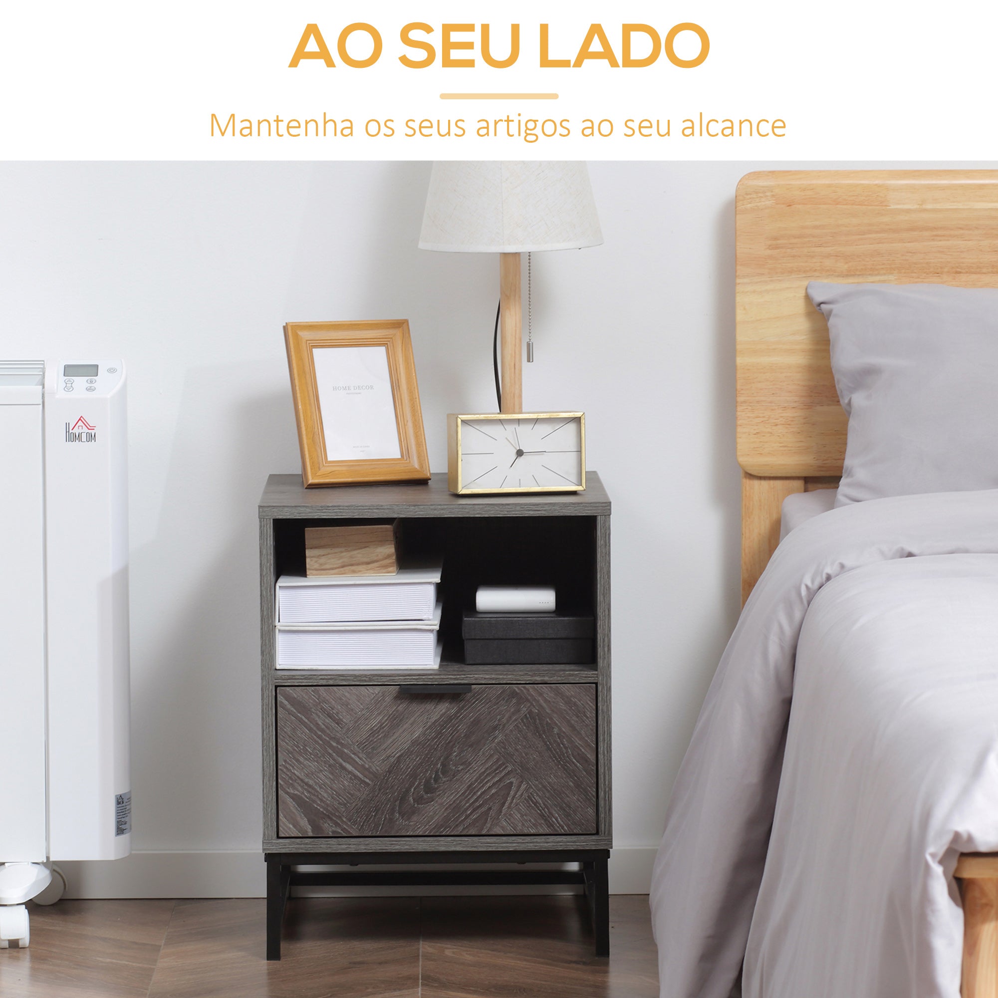 Mesa de Cabeceira Estilo Industrial 40x40x52cm Cinza Escuro e Preto