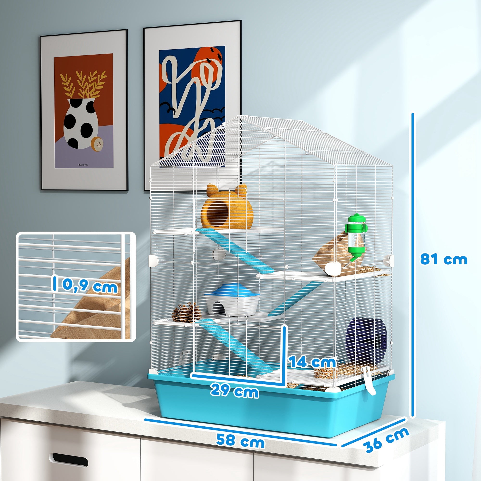 Gaiola para Hamster – 58x36x81 cm – Azul Claro – Metal, PP e PS
