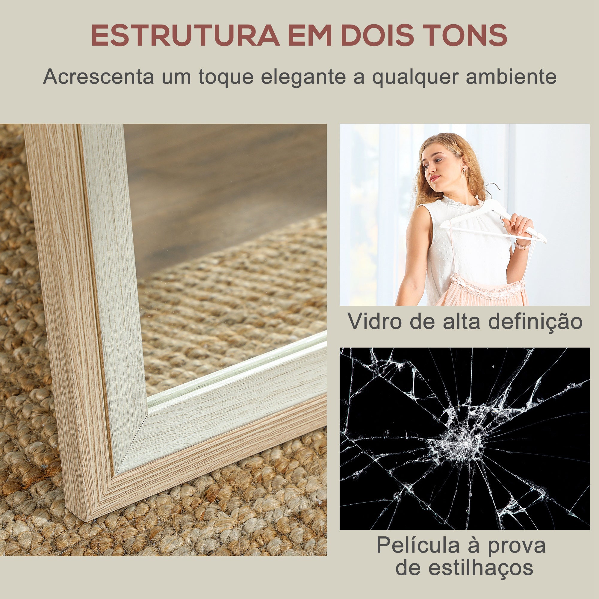 Espelho de Pé 37x157 cm Madeira Clara e Branco