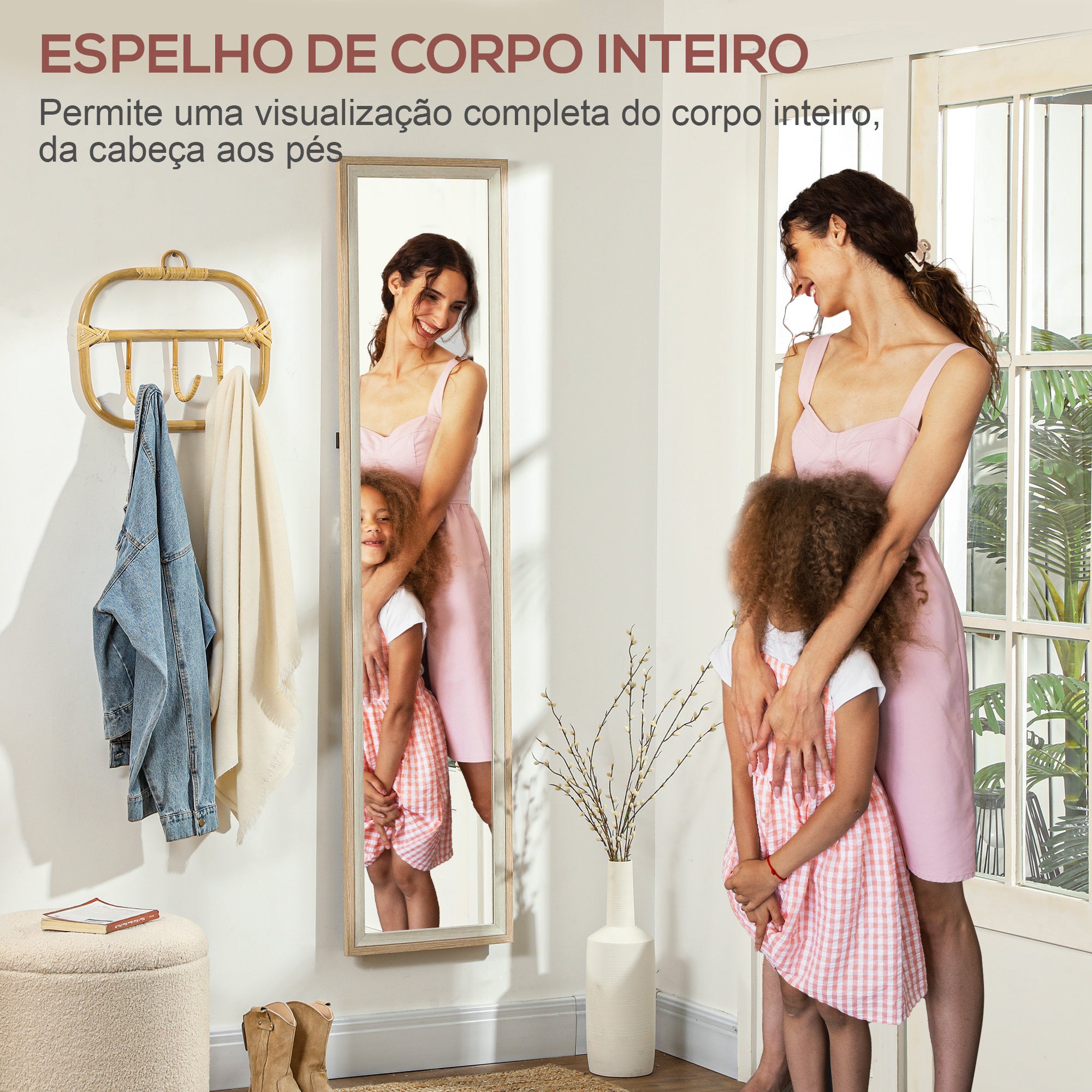 Espelho de Pé 37x157 cm Madeira Clara e Branco