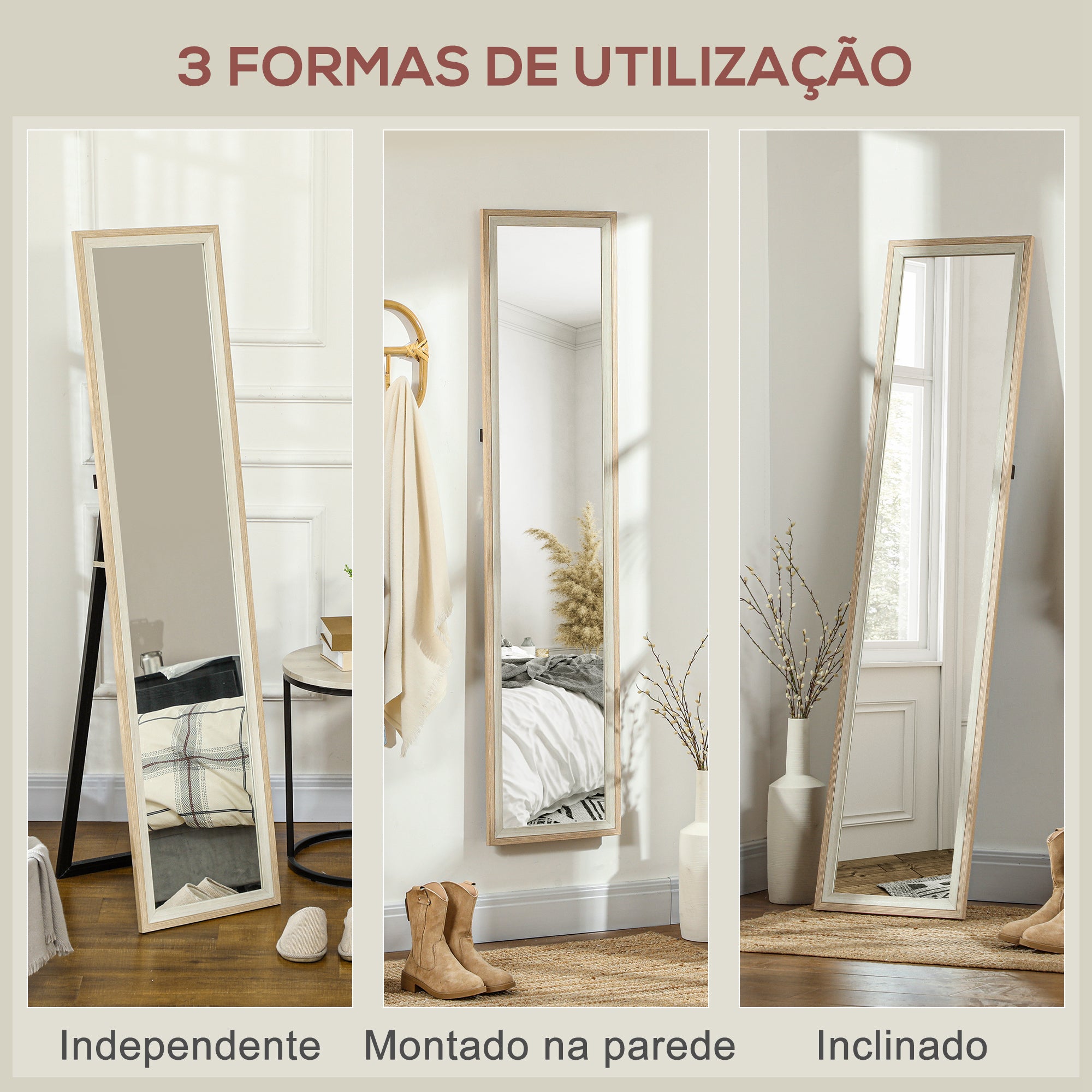 Espelho de Pé 37x157 cm Madeira Clara e Branco
