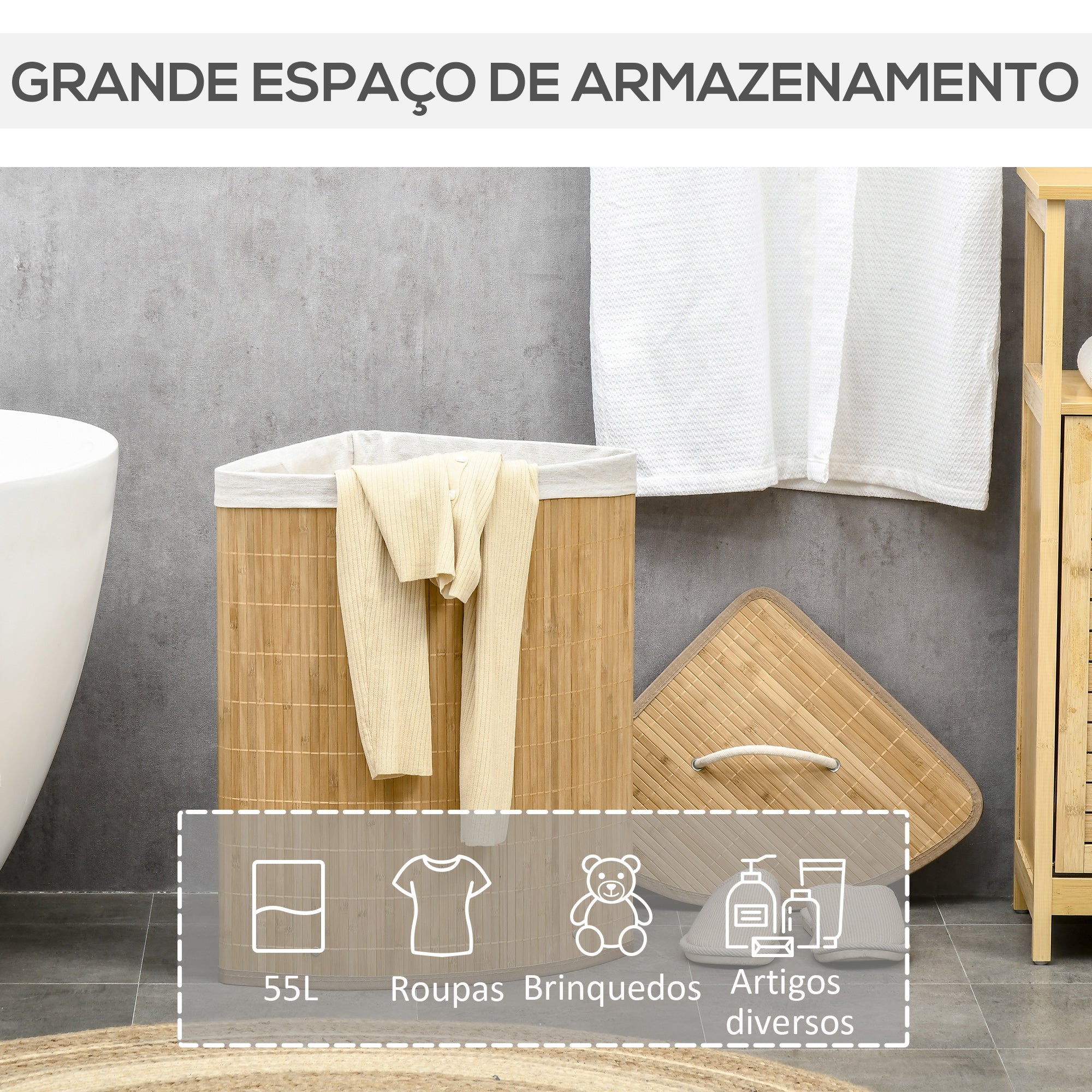 Cesto de Roupa de Bambu 38x38x57 cm - Cor de Madeira Natural