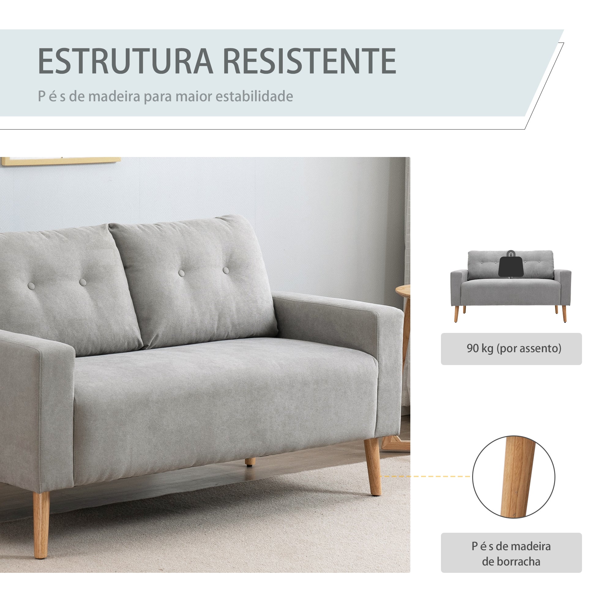 Sofá 2 Lugares Cinza 145x76x88 cm - Estofado em Poliéster com 2 Almofadas