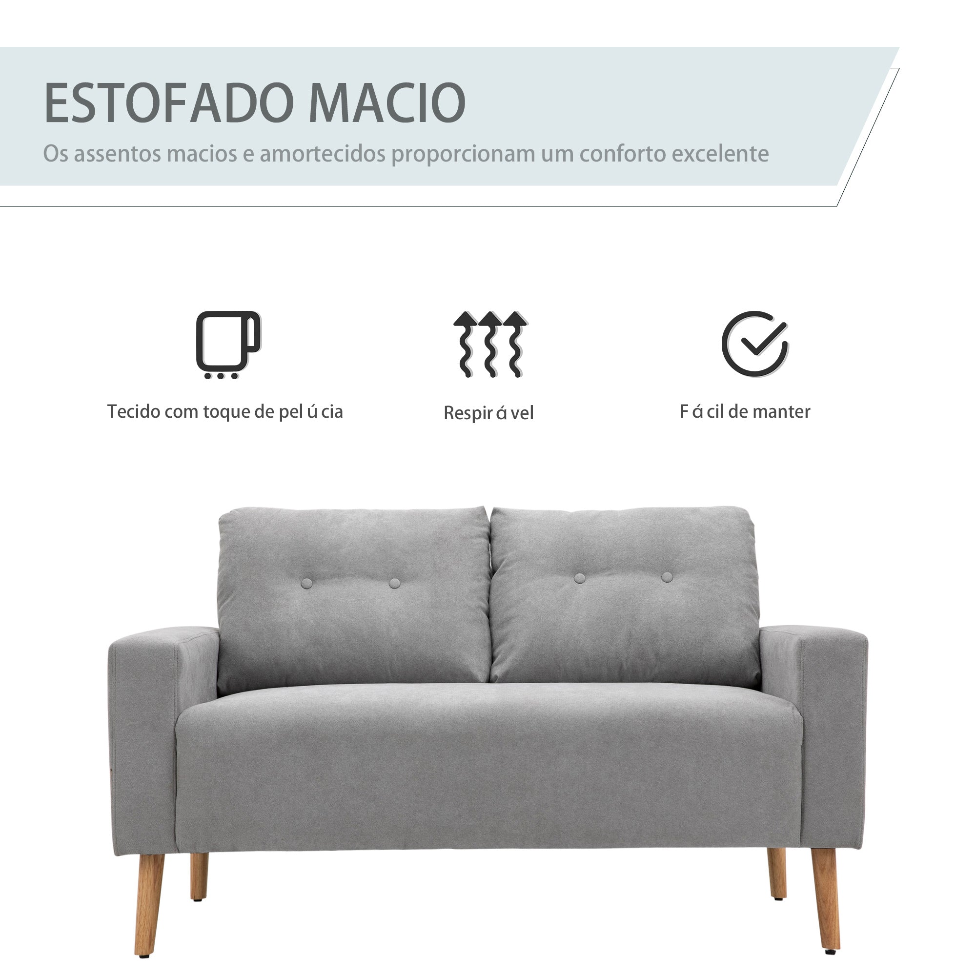 Sofá 2 Lugares Cinza 145x76x88 cm - Estofado em Poliéster com 2 Almofadas