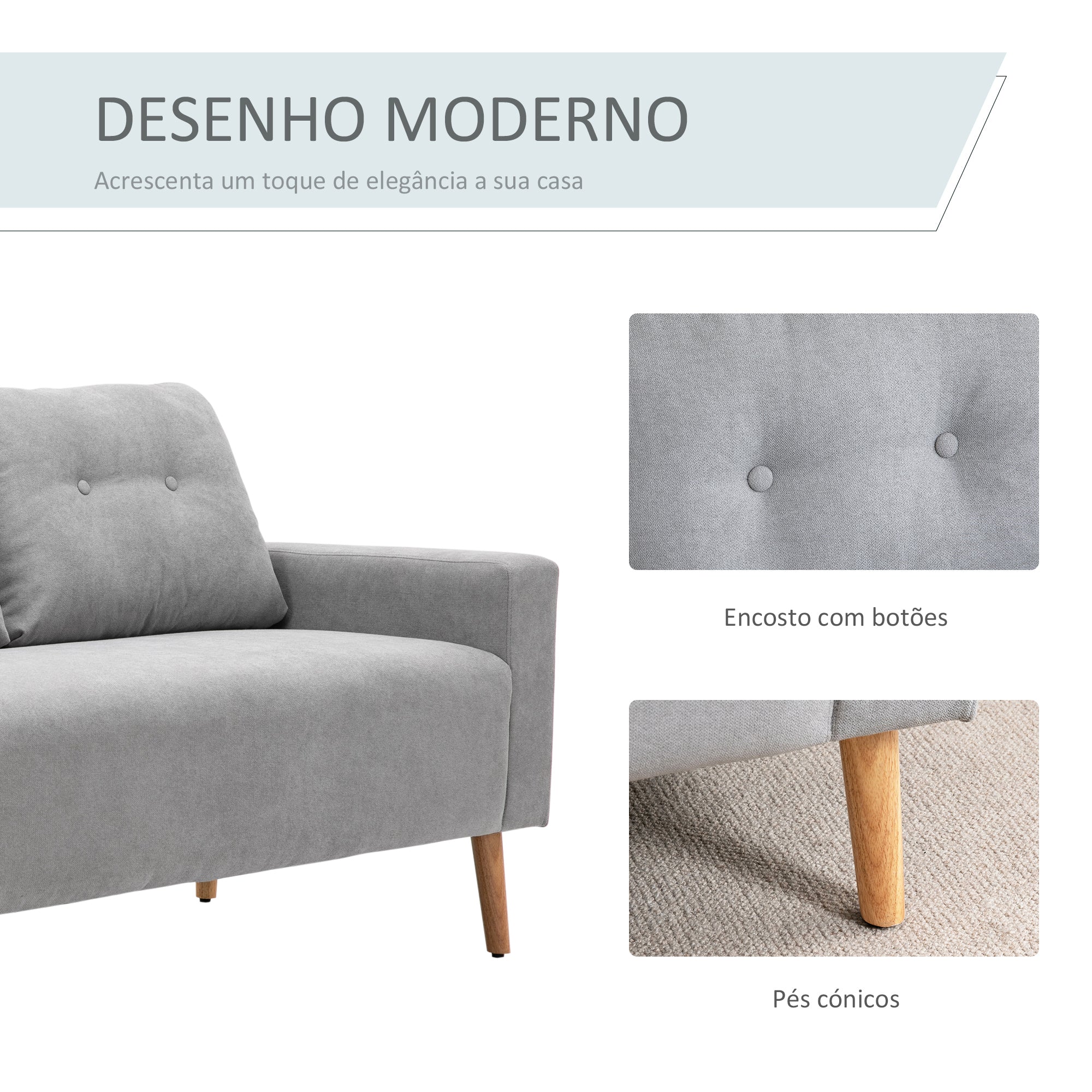 Sofá 2 Lugares Cinza 145x76x88 cm - Estofado em Poliéster com 2 Almofadas