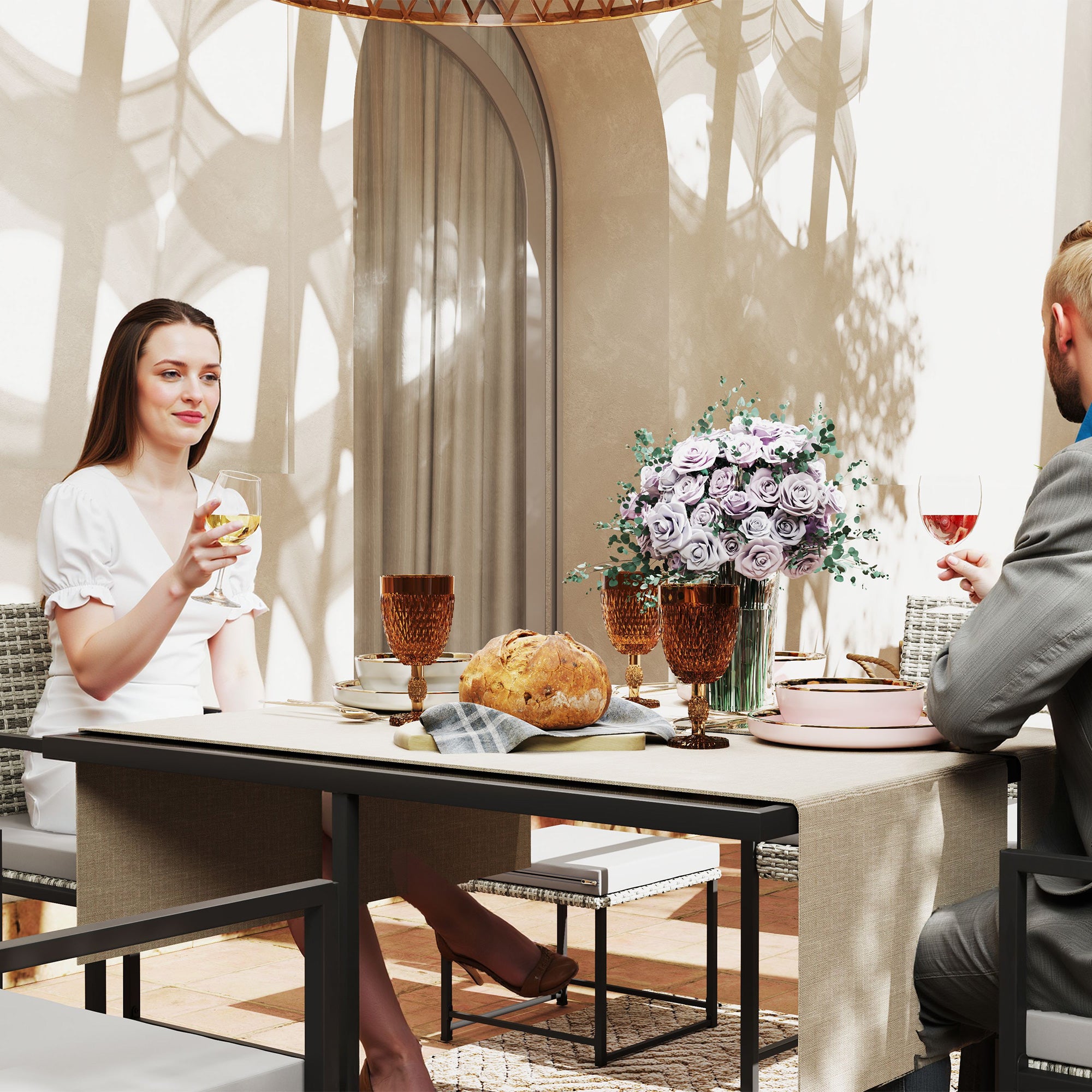 Conjunto de Móveis de Jardim Cinzento 109x109x72 cm - Mesa, Cadeiras e Bancos em Vime Sintético