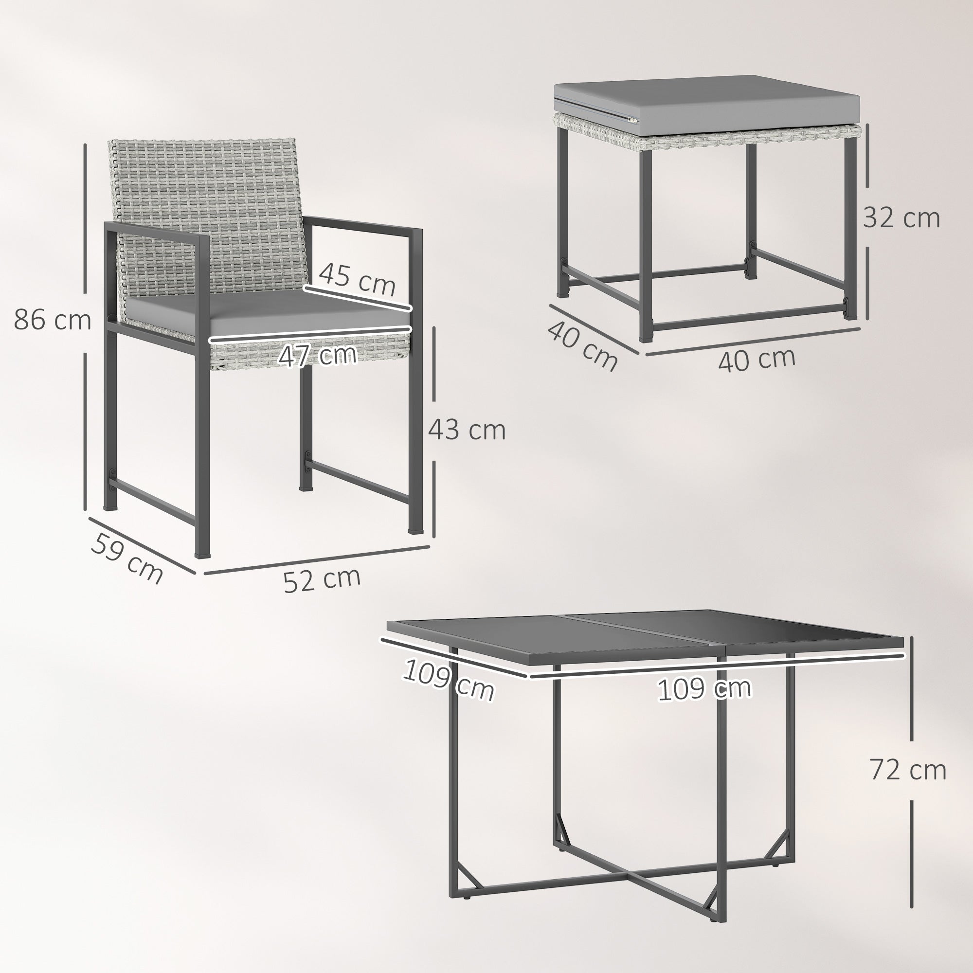 Conjunto de Móveis de Jardim Cinzento 109x109x72 cm - Mesa, Cadeiras e Bancos em Vime Sintético