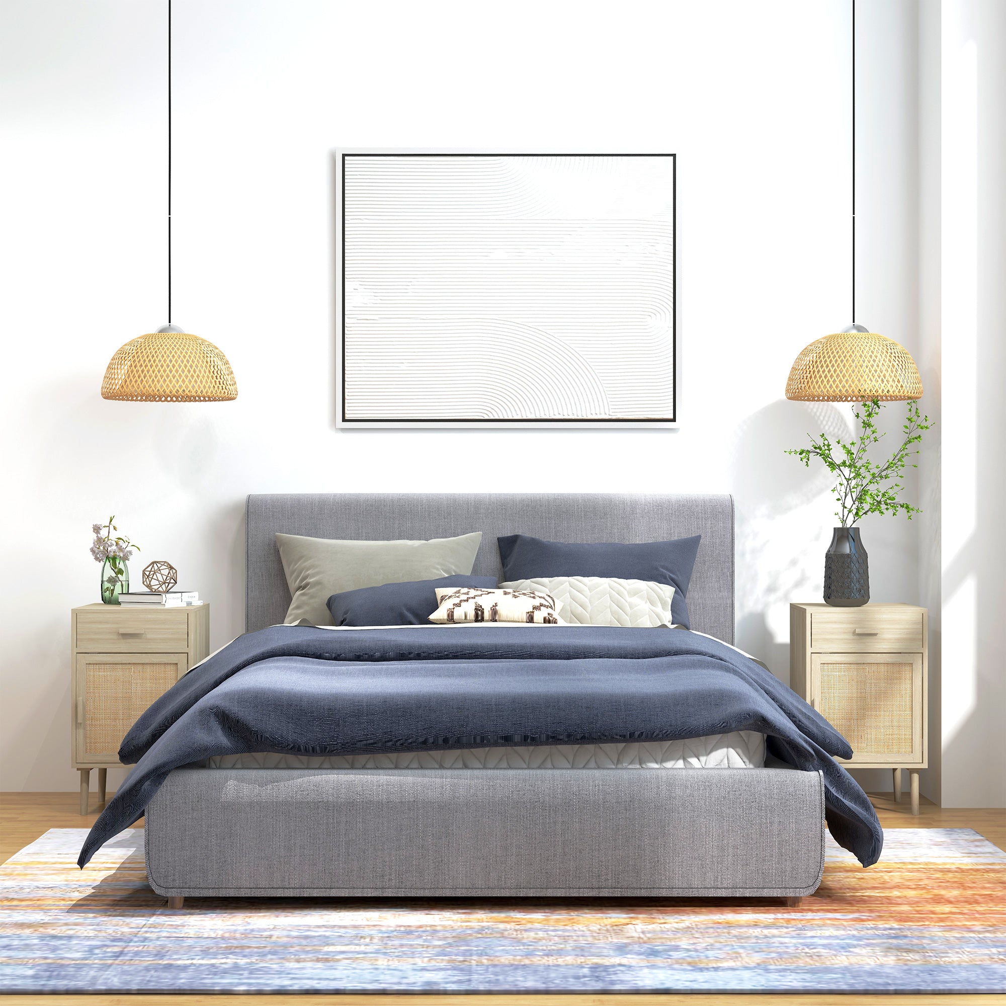 Conjunto de 2 Mesas de Cabeceira com Gaveta de Vime e Prateleira Ajustável 40x40x68,5 cm Cor de Carvalho