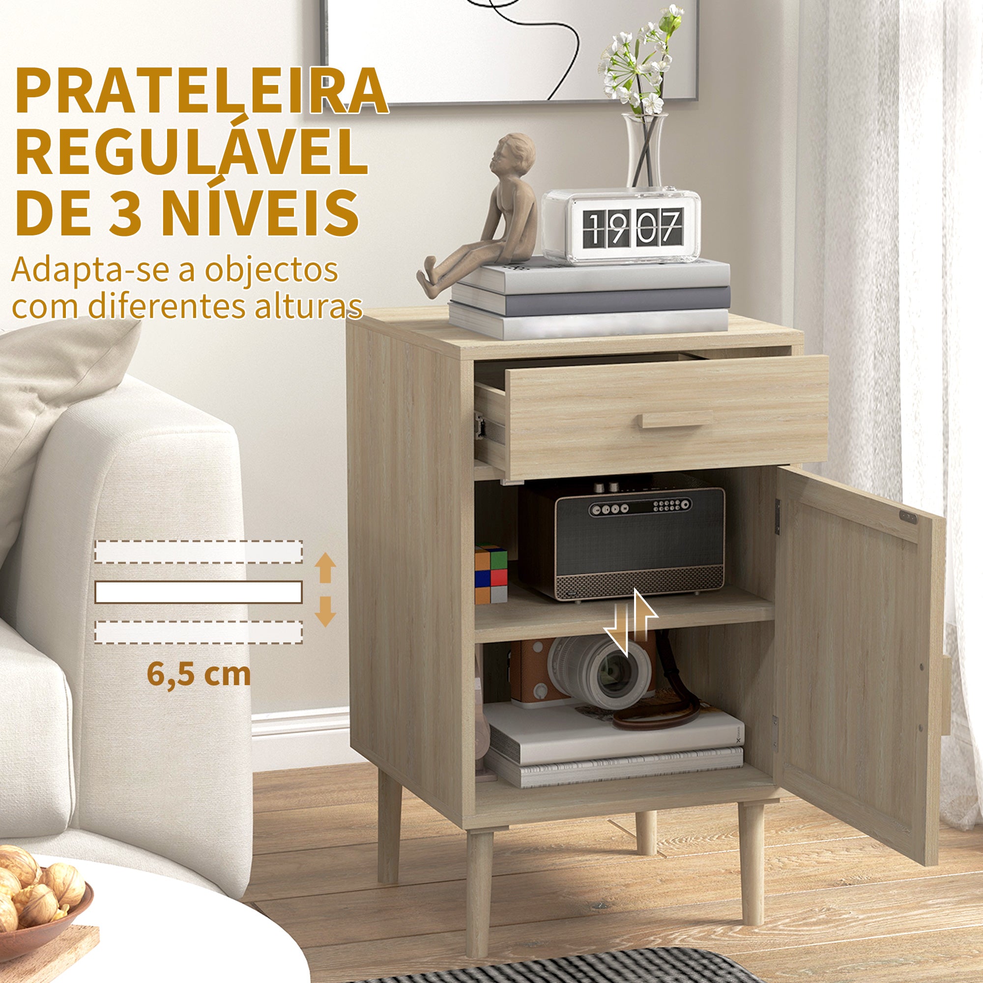 Conjunto de 2 Mesas de Cabeceira com Gaveta de Vime e Prateleira Ajustável 40x40x68,5 cm Cor de Carvalho