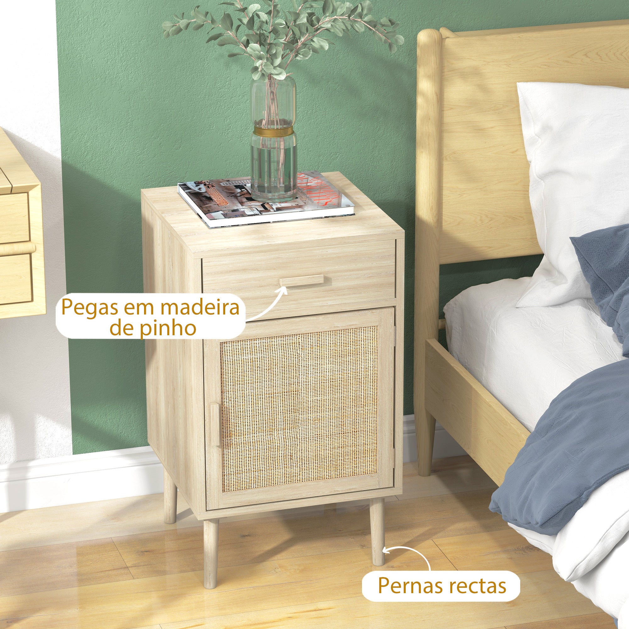 Conjunto de 2 Mesas de Cabeceira com Gaveta de Vime e Prateleira Ajustável 40x40x68,5 cm Cor de Carvalho