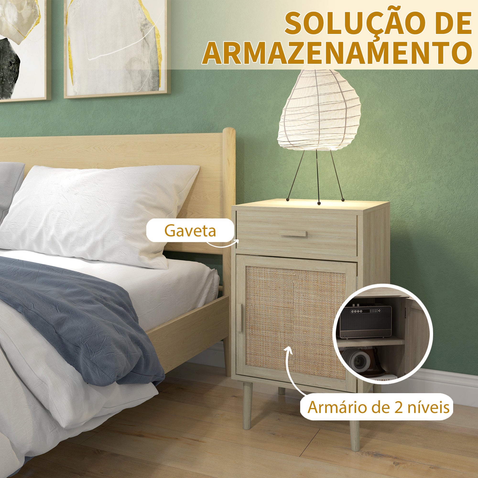 Conjunto de 2 Mesas de Cabeceira com Gaveta de Vime e Prateleira Ajustável 40x40x68,5 cm Cor de Carvalho