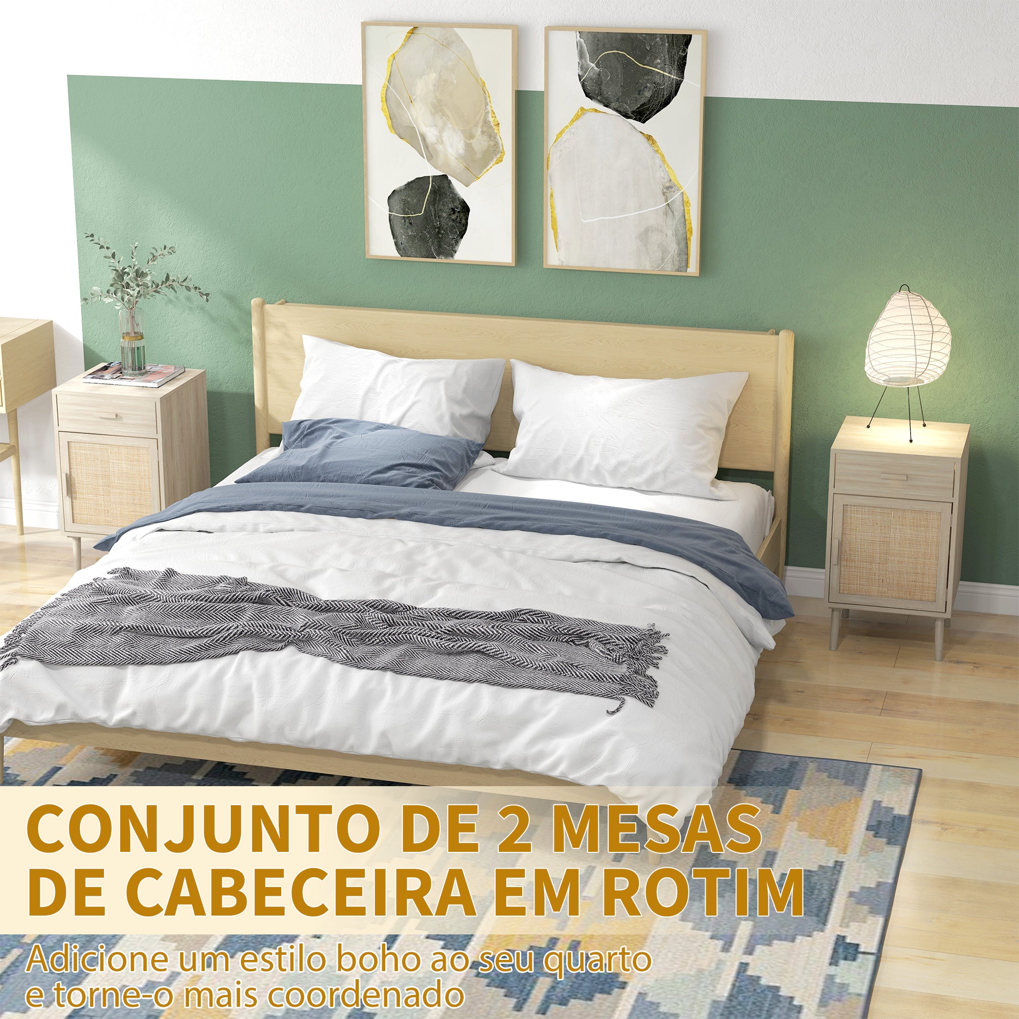 Conjunto de 2 Mesas de Cabeceira com Gaveta de Vime e Prateleira Ajustável 40x40x68,5 cm Cor de Carvalho