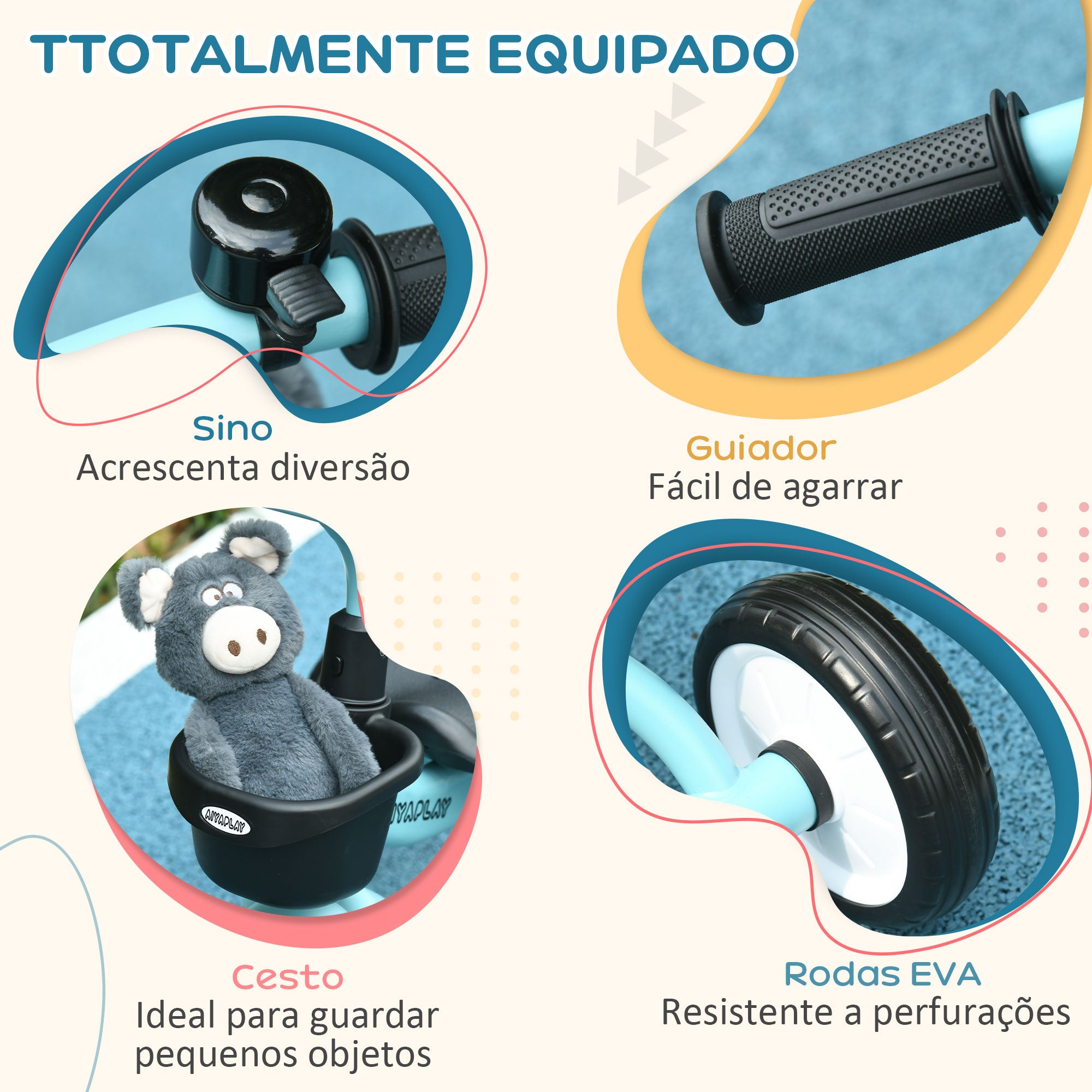 Triciclo Infantil Azul 70,5x53x58 cm para Crianças de 2 a 5 anos