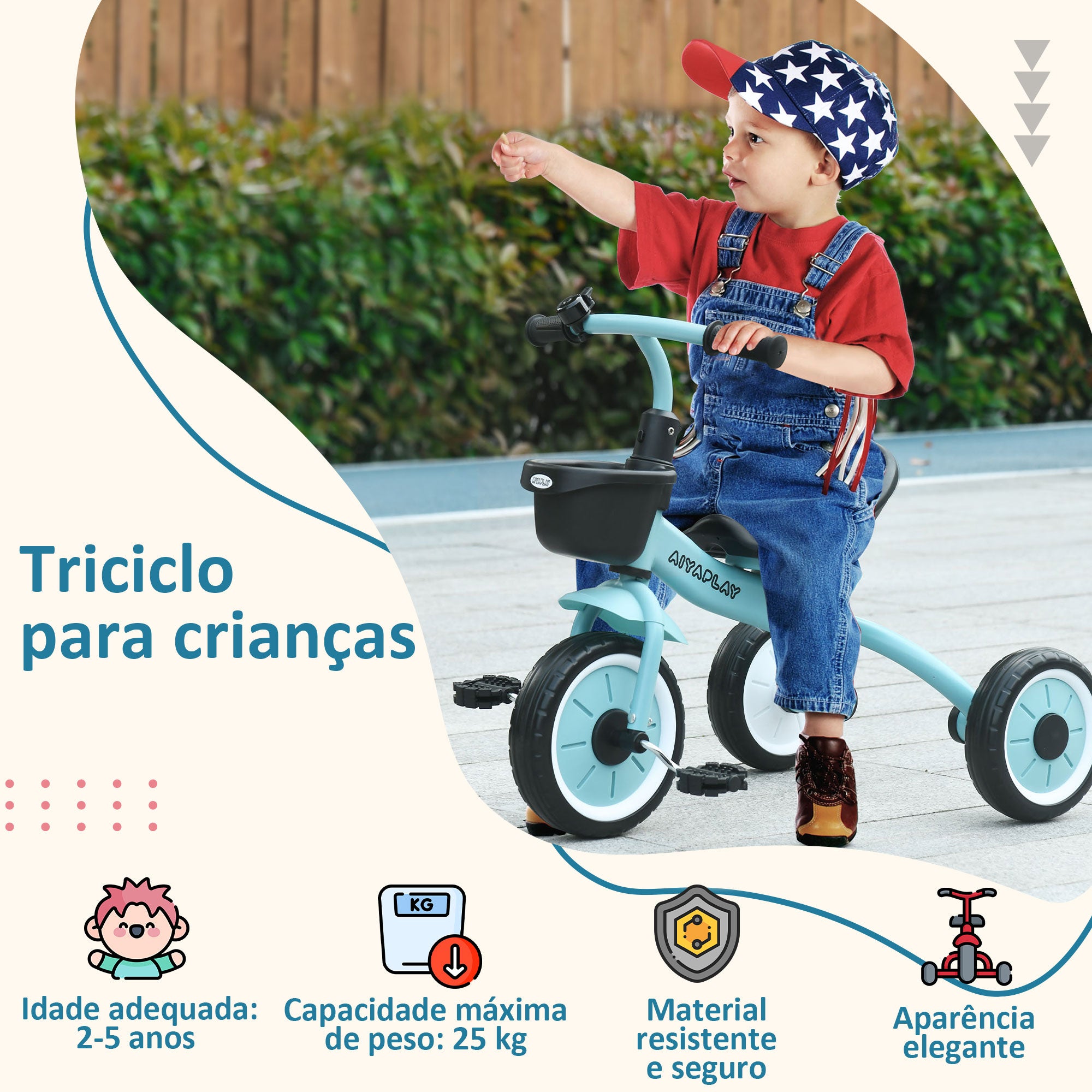 Triciclo Infantil Azul 70,5x53x58 cm para Crianças de 2 a 5 anos
