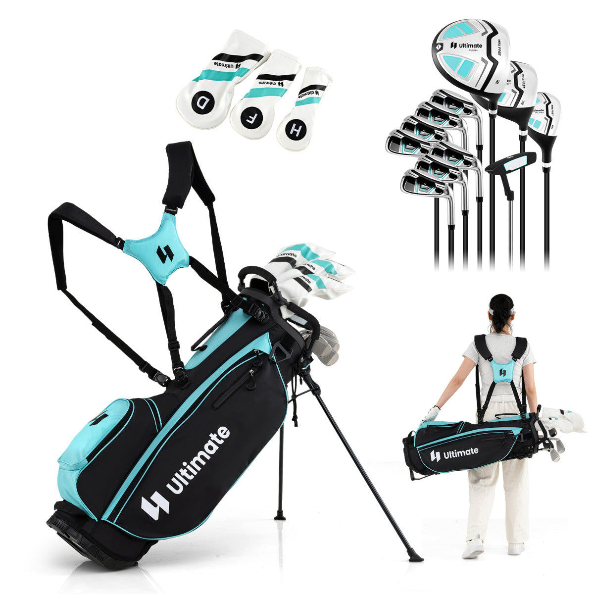 Conjunto Completo de Palos de Golfe para Mulher com Bolsa Suporte Inclui Driver #1 de 460CC Madeira #3 Híbrido Ferros #5#6#7#8#9#P #S Putter Verde
