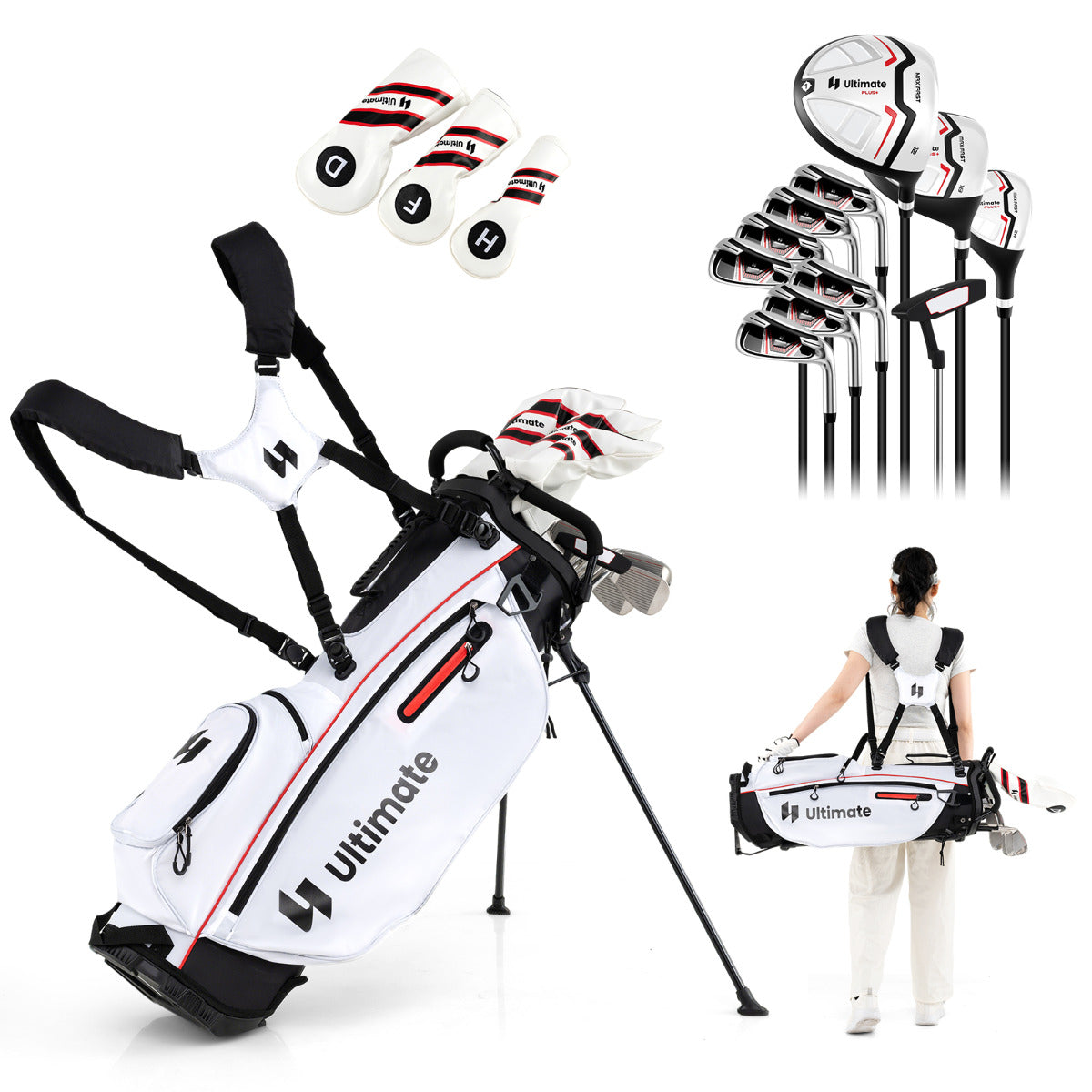 Conjunto de Palos de Golf Completo para Mulher com Bolsa Suporte Inclui Driver #1 de 460CC Madeira #3 Híbrido Ferros #5#6#7#8#9#P #S Putter Vermelho