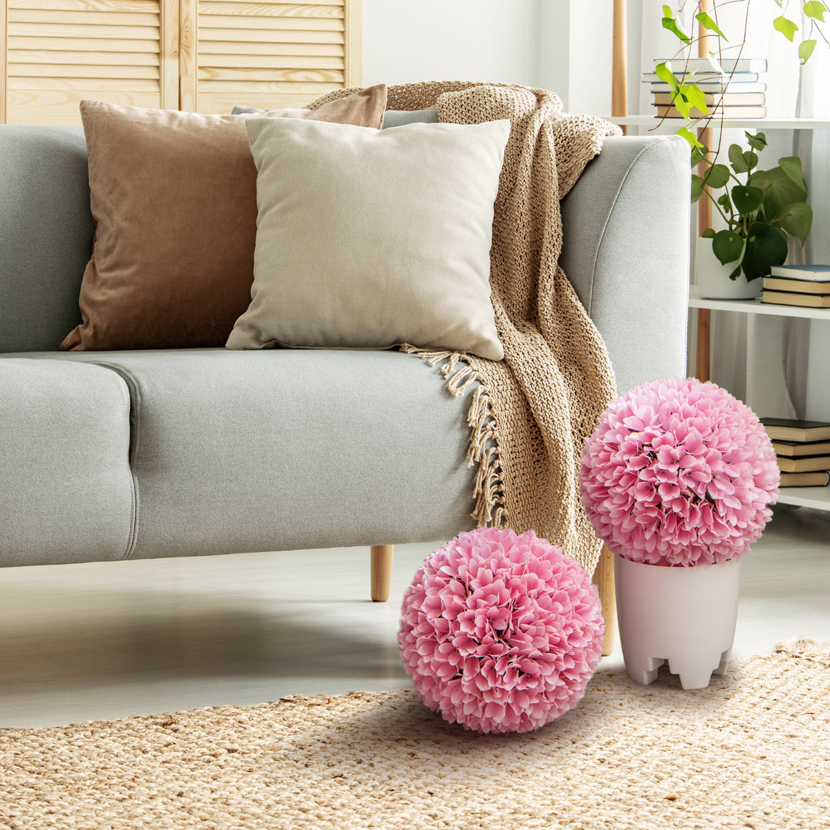 Conjunto de 2 Bolas de Topiário Artificial de Planta Bolas Decorativas de 28 CM Decoração Interior e Exterior com Proteção Solar Rosa - Planta Artificial