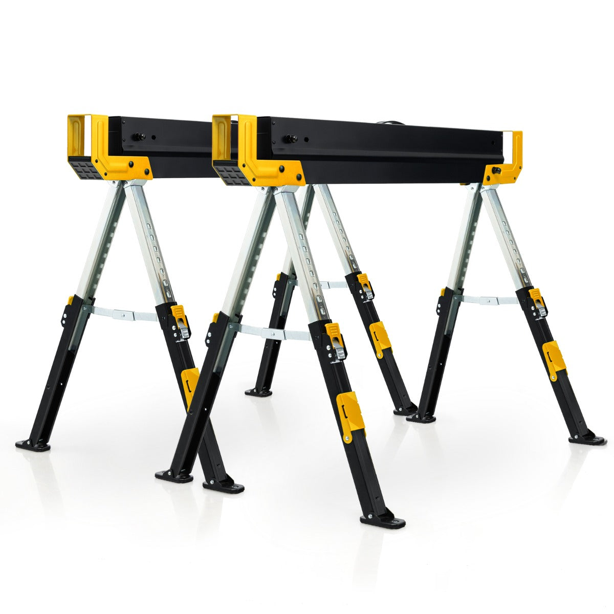 Conjunto de 2 Cavalete de Serra Cavalete Dobrável com 2 x 4 Braços de Suporte Altura Ajustável 61,5 - 82,7 cm até 1180 kg Amarelo