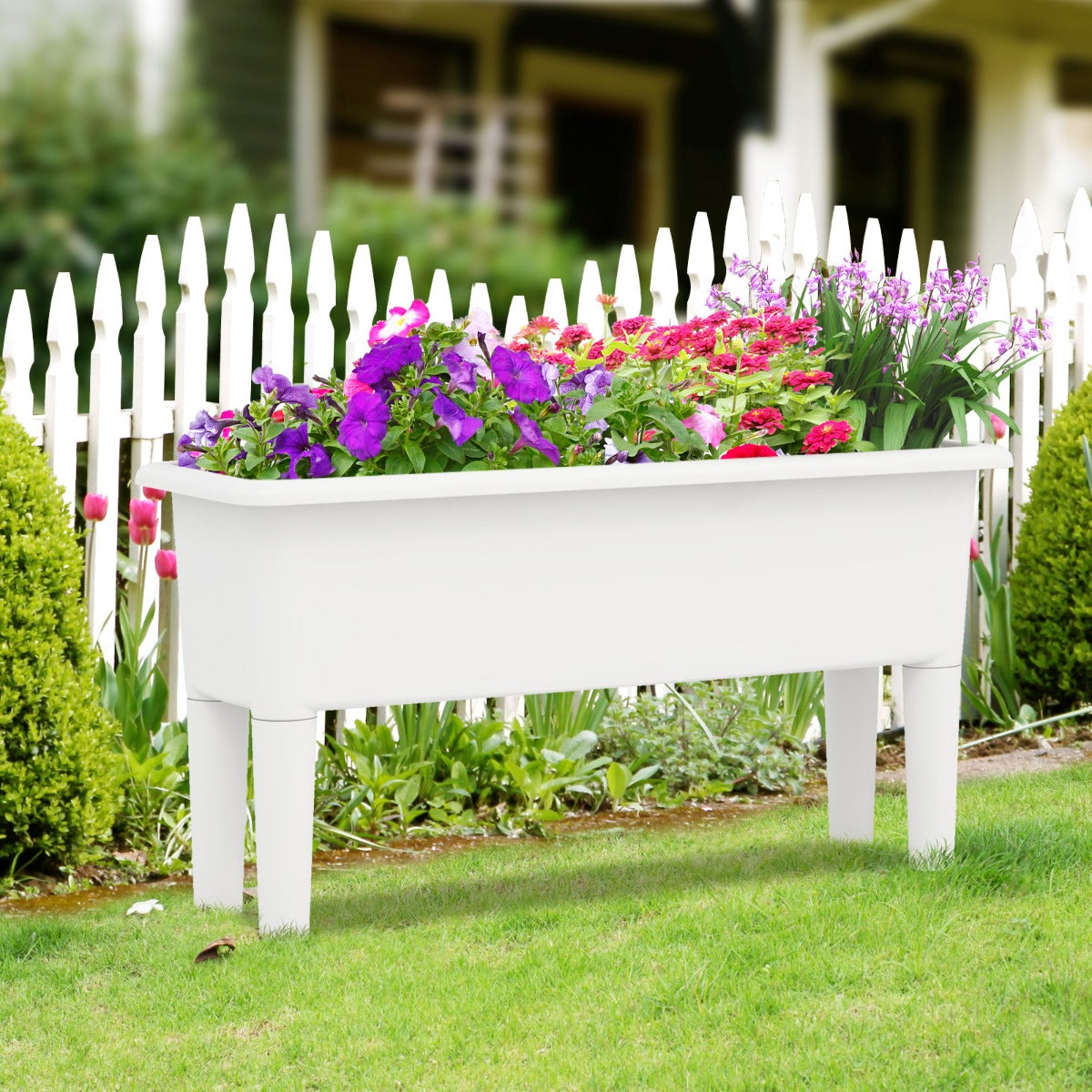 Conjunto de 2 Canteiros de Jardim Elevados com Rega Automática Pernas Removíveis Orifício de Drenagem para Vegetais Frutas e Ervas Branco