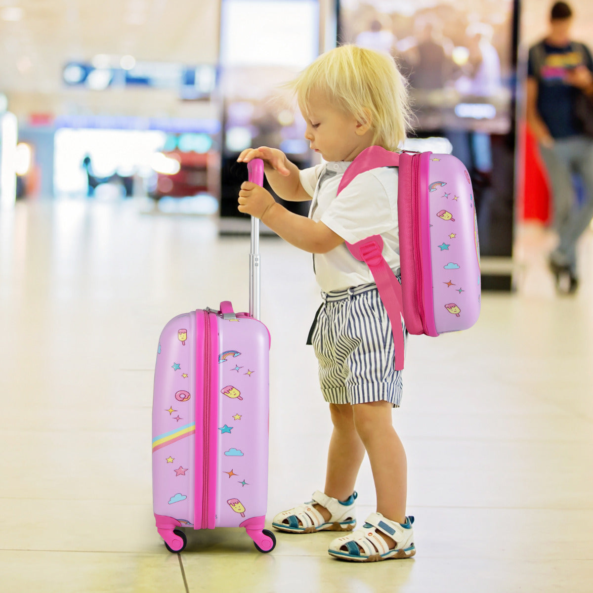 Conjunto de 2 Malas de Viagem para Crianças com Rodas Mala Mochila de Casco Rígido Portáteis Cor-de-Rosa Escuro