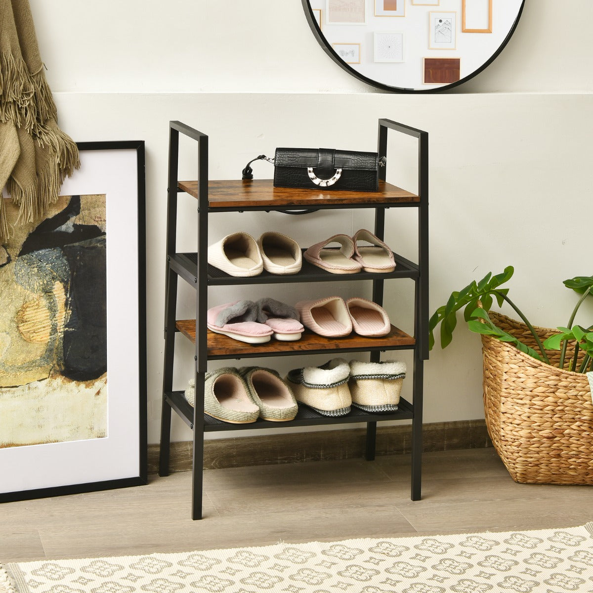 Conjunto de 2 Estantes de Arrumação Sapateira Empilhável em Madeira e Rede de Metal para Hall de Entrada Quarto 54 x 32 x 52 cm Castanho