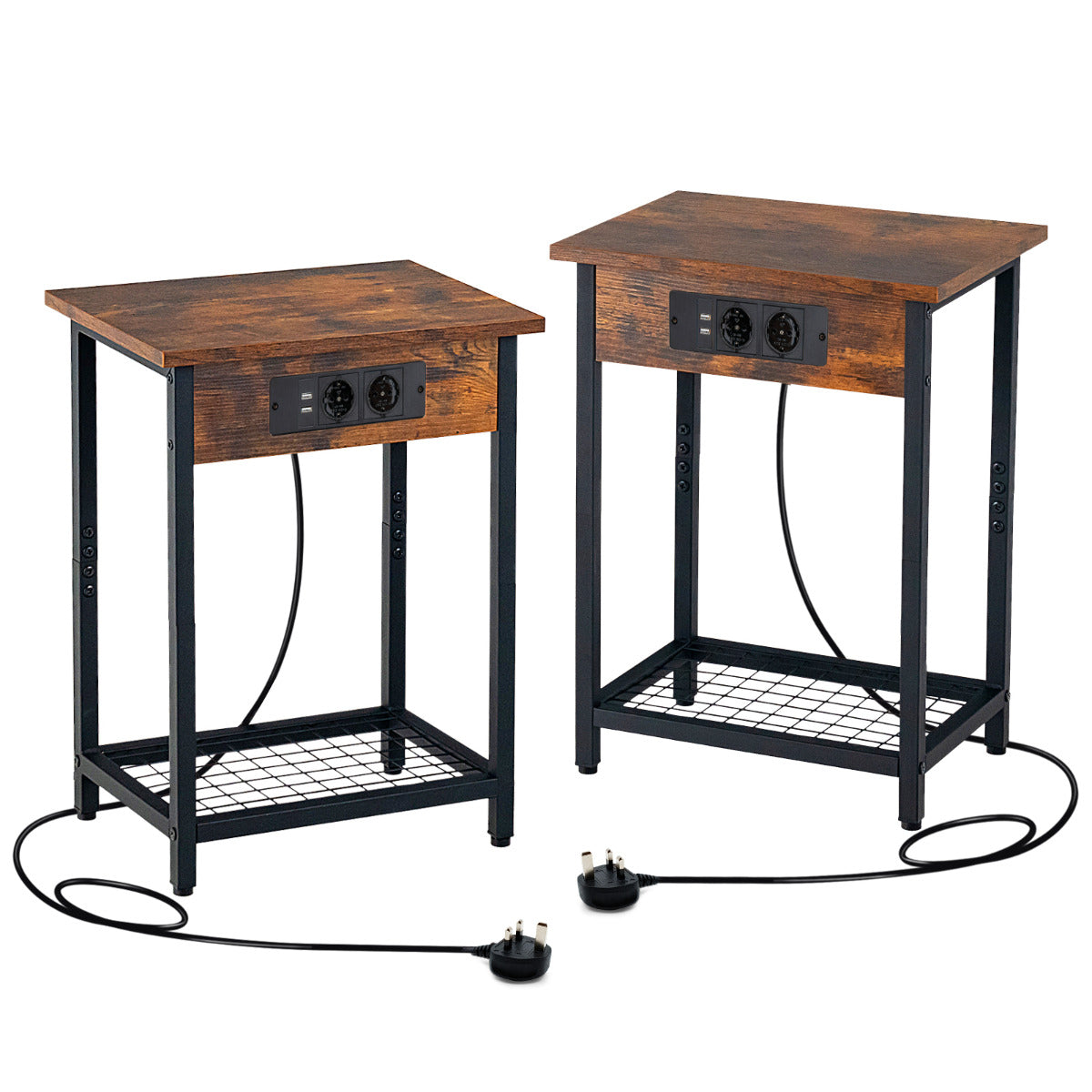 Mesinhas de Cabeceira com Estação de Carregamento e Prateleira Portas USB Estrutura Metálica de 2 Níveis e Tomadas 40 x 30 x 54 cm Castanho
