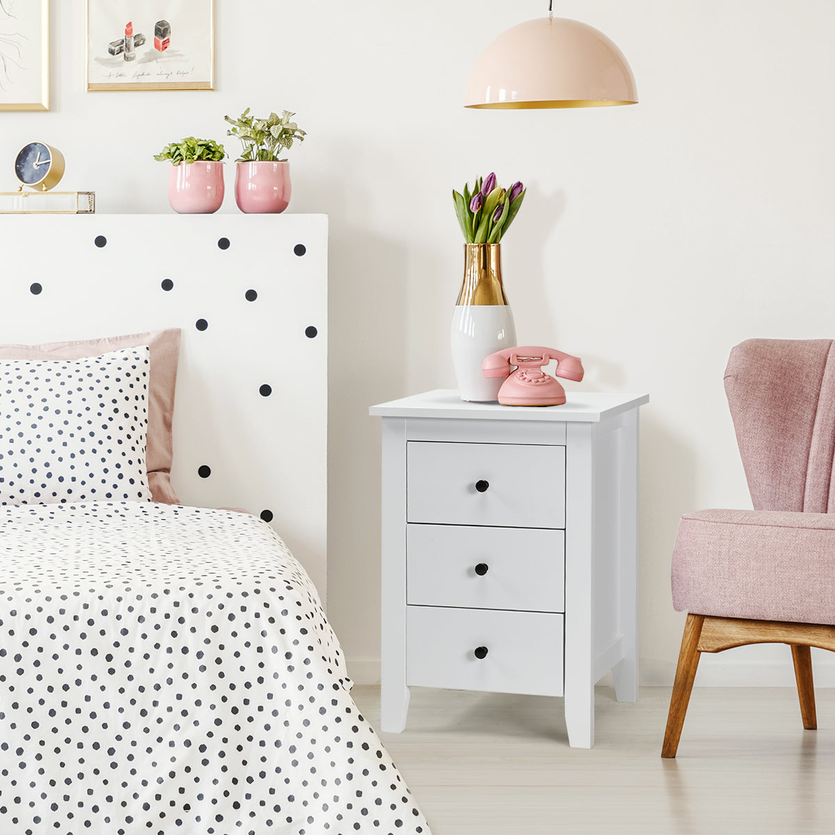 Conjunto de 2 Mesas de Cabeceira com 3 Gavetas e Estrutura Resistente para Sala e Quarto 46 x 37 x 65 cm Branco