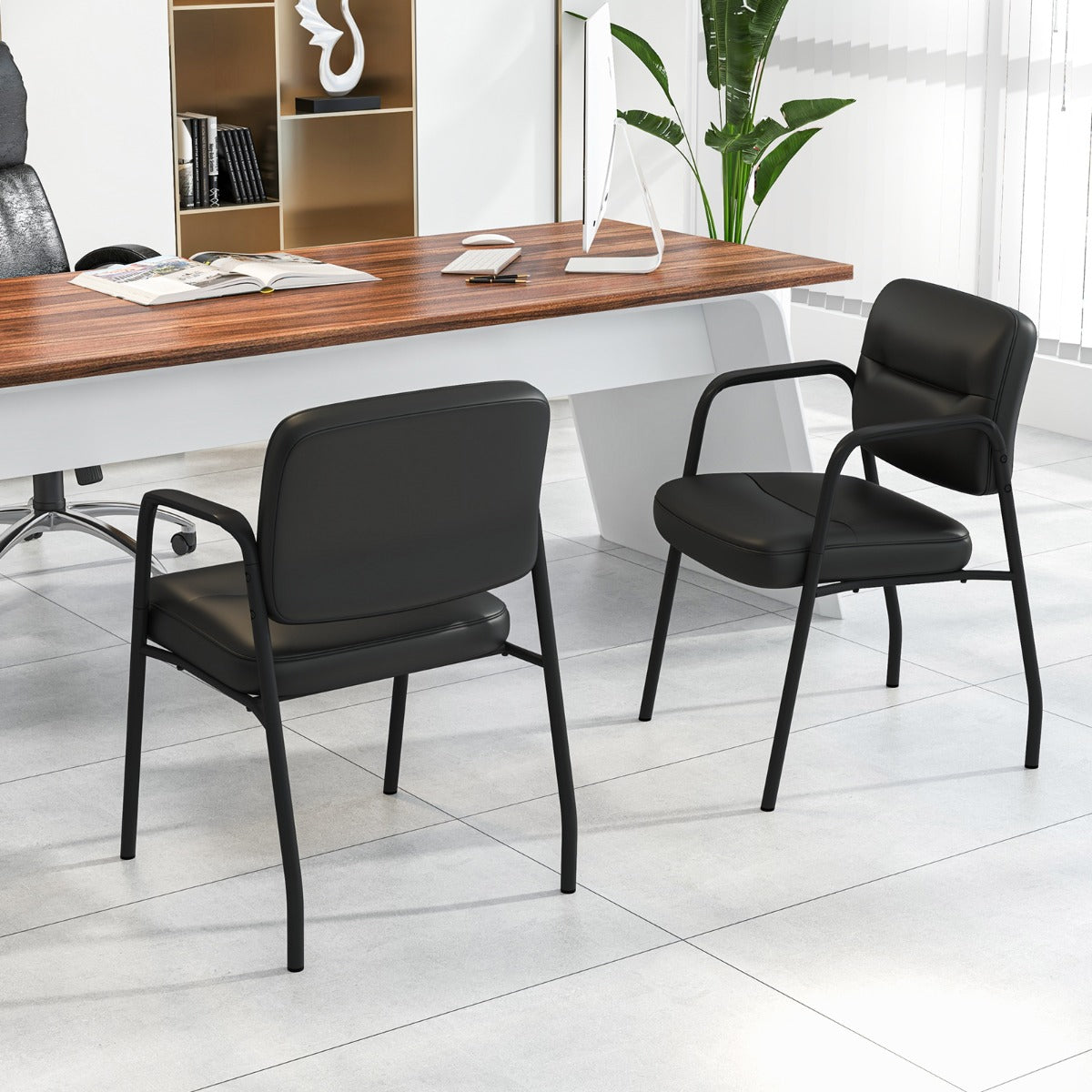 Conjunto de Cadeiras de Recepção Estofadas – Couro Sintético – Preto – Metal