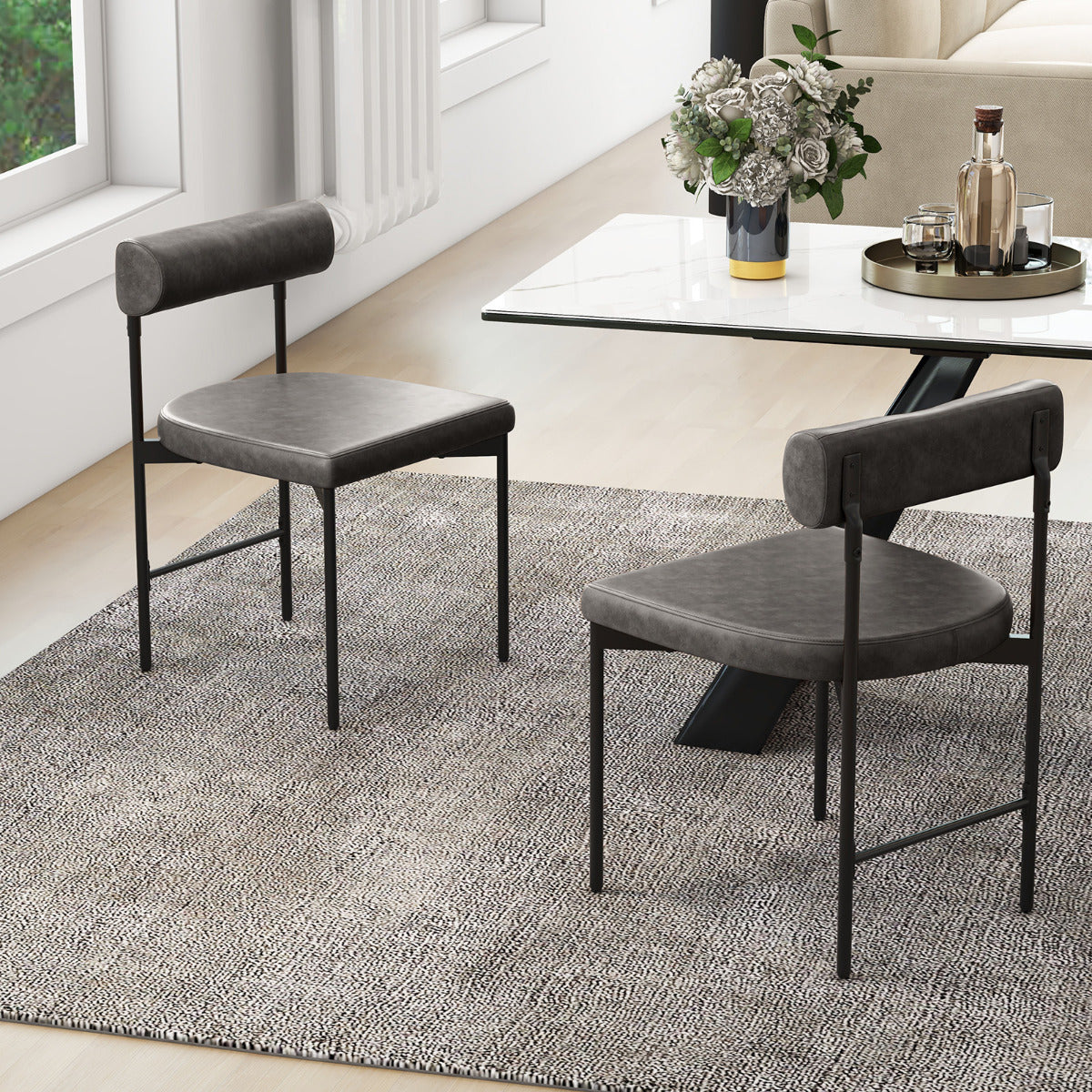 Conjunto de 2 Cadeiras de Jantar Cadeira Lateral de Cozinha com Encosto Curvado e Assento Acolchoado em Forma de U Pernas de Metal sem Braços Cinza