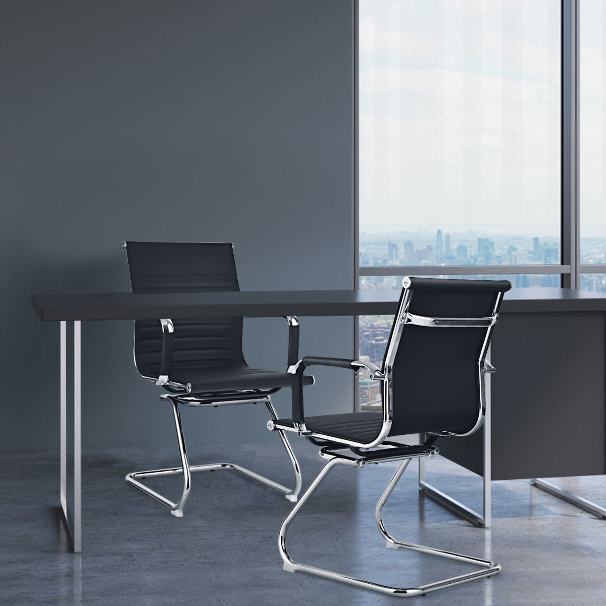 Juego de 2 Cadeiras de Escritório Cadeira de Conferência e Recepção Moderna Pele de PU Cadeiras de Visitante Encosto Médio 54 x 63 x 92 cm Preto