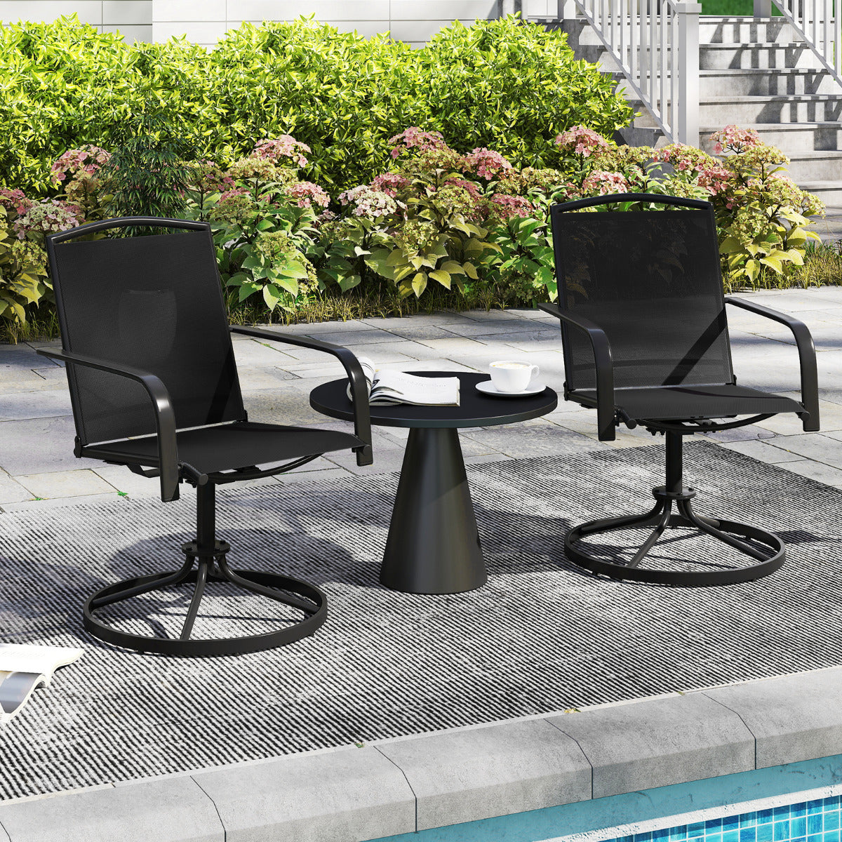 Par de 2 Cadeiras Giratórias de Pátio Baloiçantes em Malha 360° com Encosto Alto e Base Metálica Redonda para Jardim, Piscina, Varanda - Preto