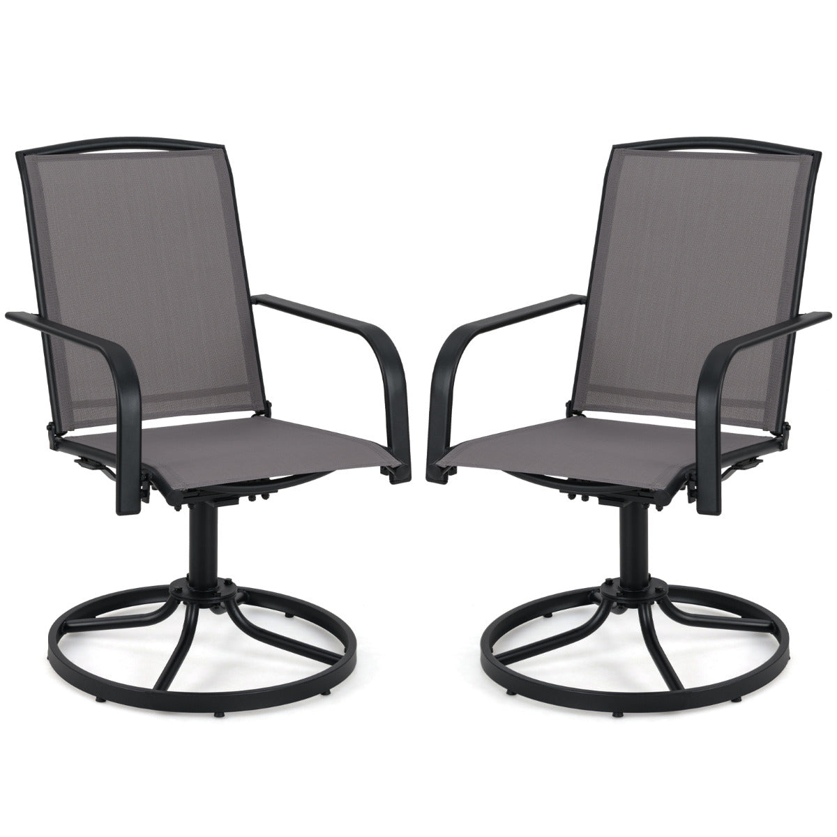 Conjunto de 2 Cadeiras Giratórias de Jardim Baloiço de Malha 360° com Encosto Alto e Base Metálica Redonda para Jardim Piscina Varanda-Cinza