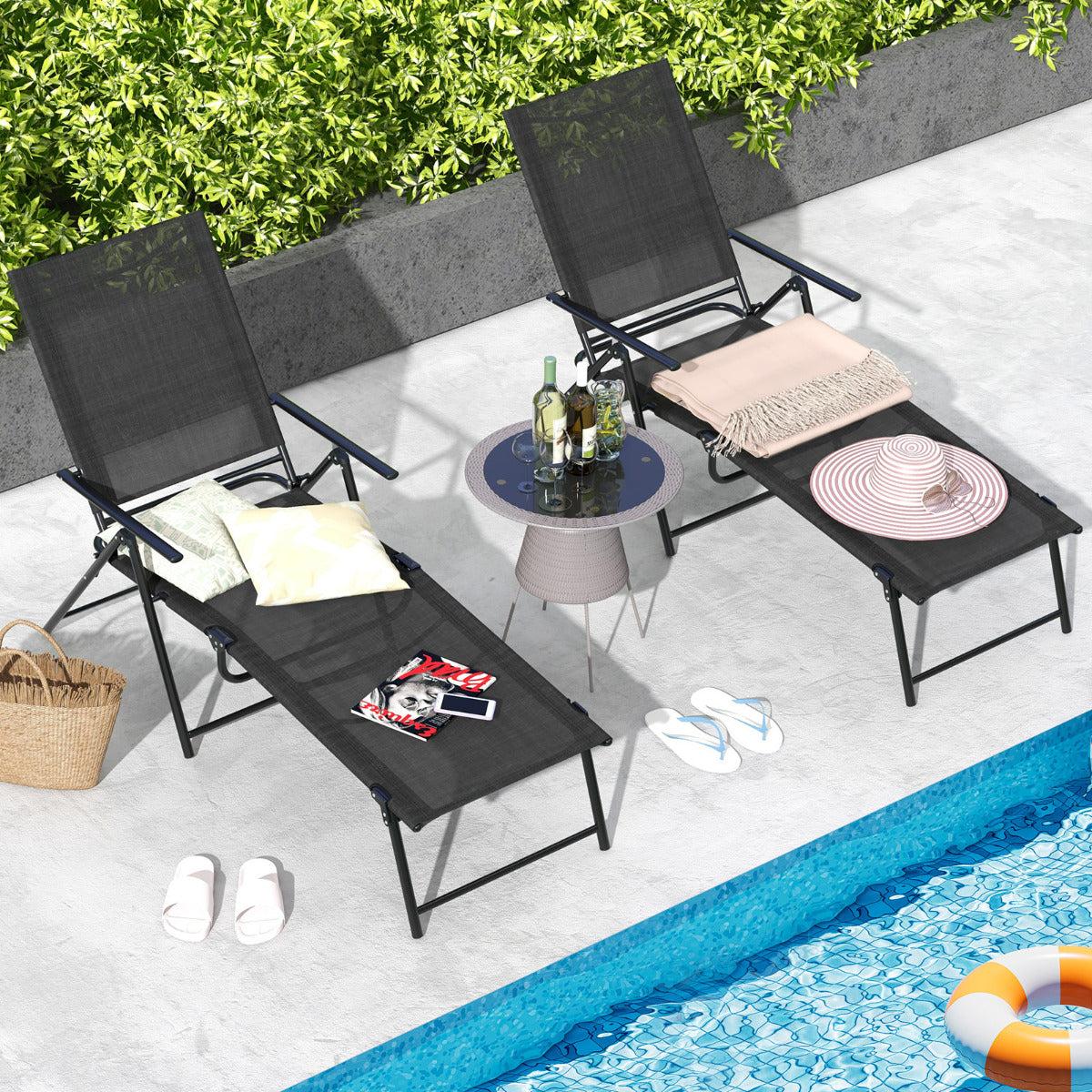 Conjunto de 2 Espreguiçadeiras Reclináveis com Encosto de 6 Níveis Tecido de Assento Respirável Estrutura de Metal para Pátio 189 x 64 x 102 cm Preto