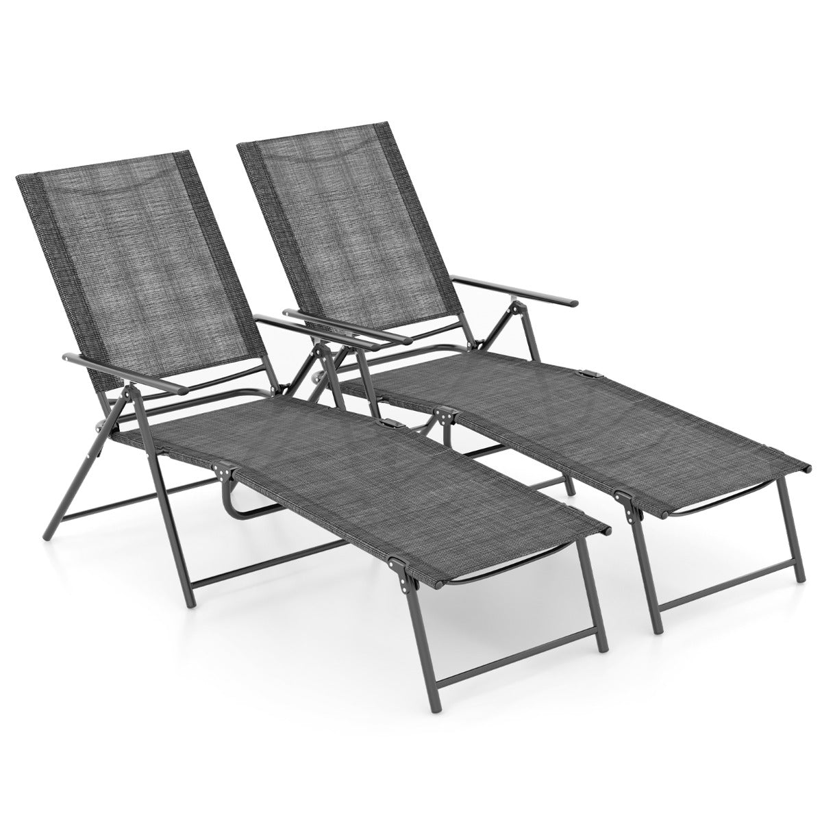 Jogo de 2 Espreguiçadeiras Reclináveis com Encosto de 6 Níveis Tecido Respirável Estrutura de Metal para Pátio 189 x 64 x 102 cm Cinzento