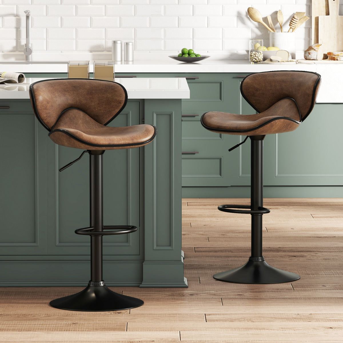 Conjunto de 2 Banquetas de Bar Giratórias com Altura Ajustável Estofadas com Encosto para Sala de Jantar com Estrutura Metálica para Bar e Cozinha