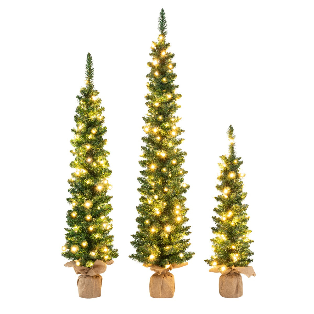 Conjunto de 3 Árvores de Natal Artificiais Pré-iluminadas – 90/120/150 CM – Verde – PVC
