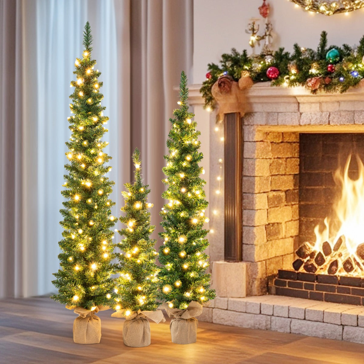 Conjunto de 3 Árvores de Natal Artificiais Pré-iluminadas – 90/120/150 CM – Verde – PVC