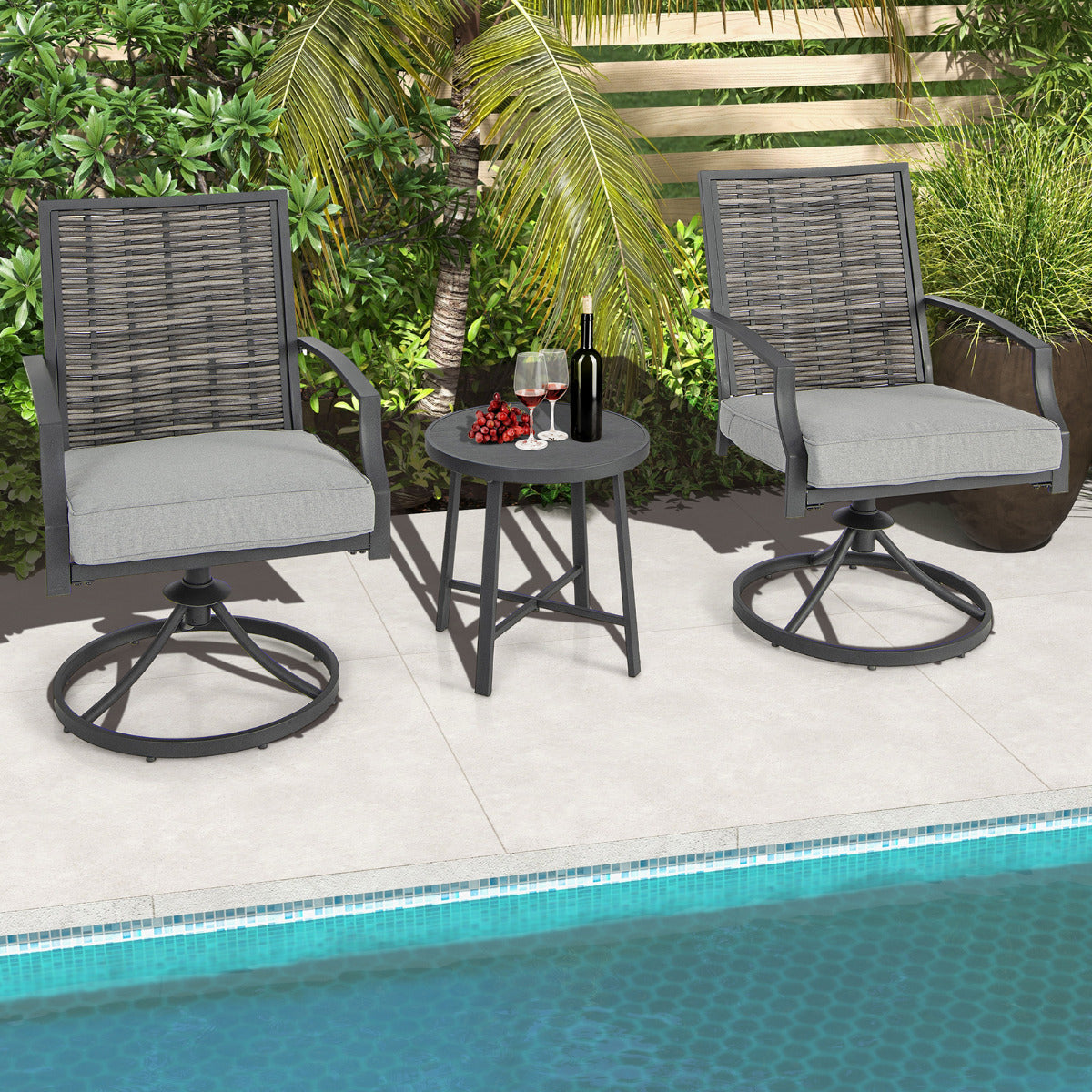 Conjunto de 3 Peças de Cadeiras Giratórias 360° para Exterior com Mesa de Café - Cinzento e Preto - Metálico e Ratan PE