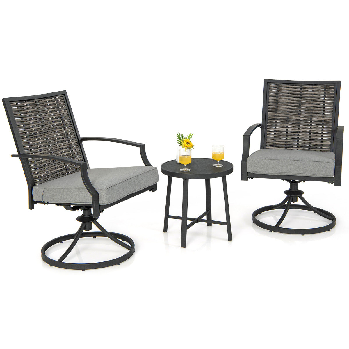 Conjunto de 3 Peças de Cadeiras Giratórias 360° para Exterior com Mesa de Café - Cinzento e Preto - Metálico e Ratan PE