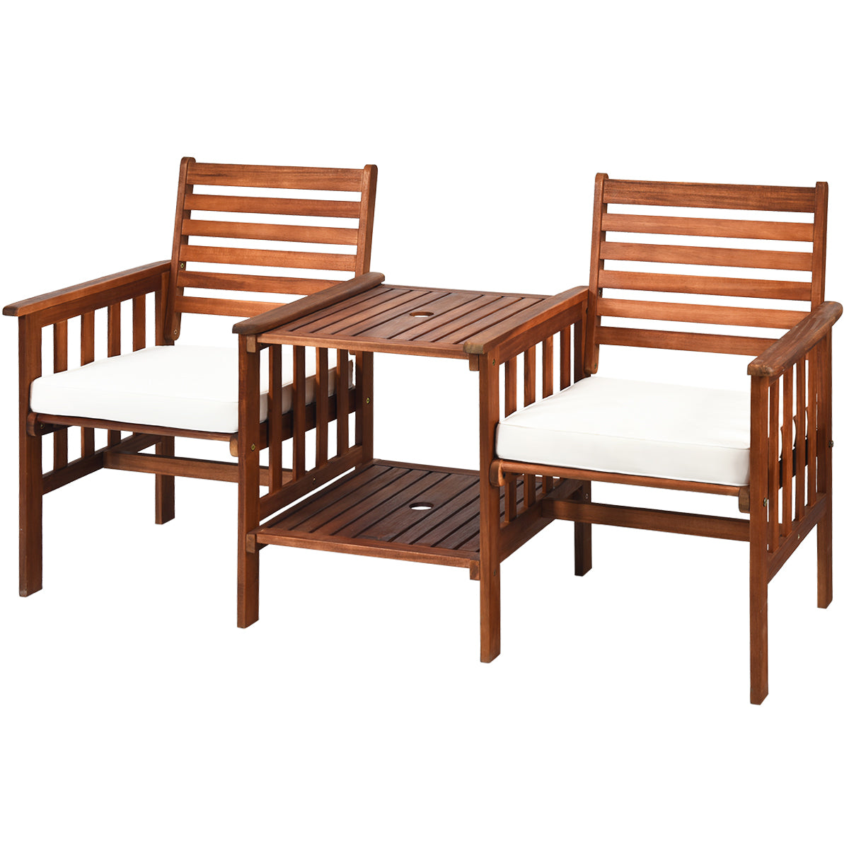 Conjunto de 3 Peças de Cadeiras e Mesa de 2 Lugares em Madeira de Acácia para Exterior com Almofadas para Pátio Jardim Branco