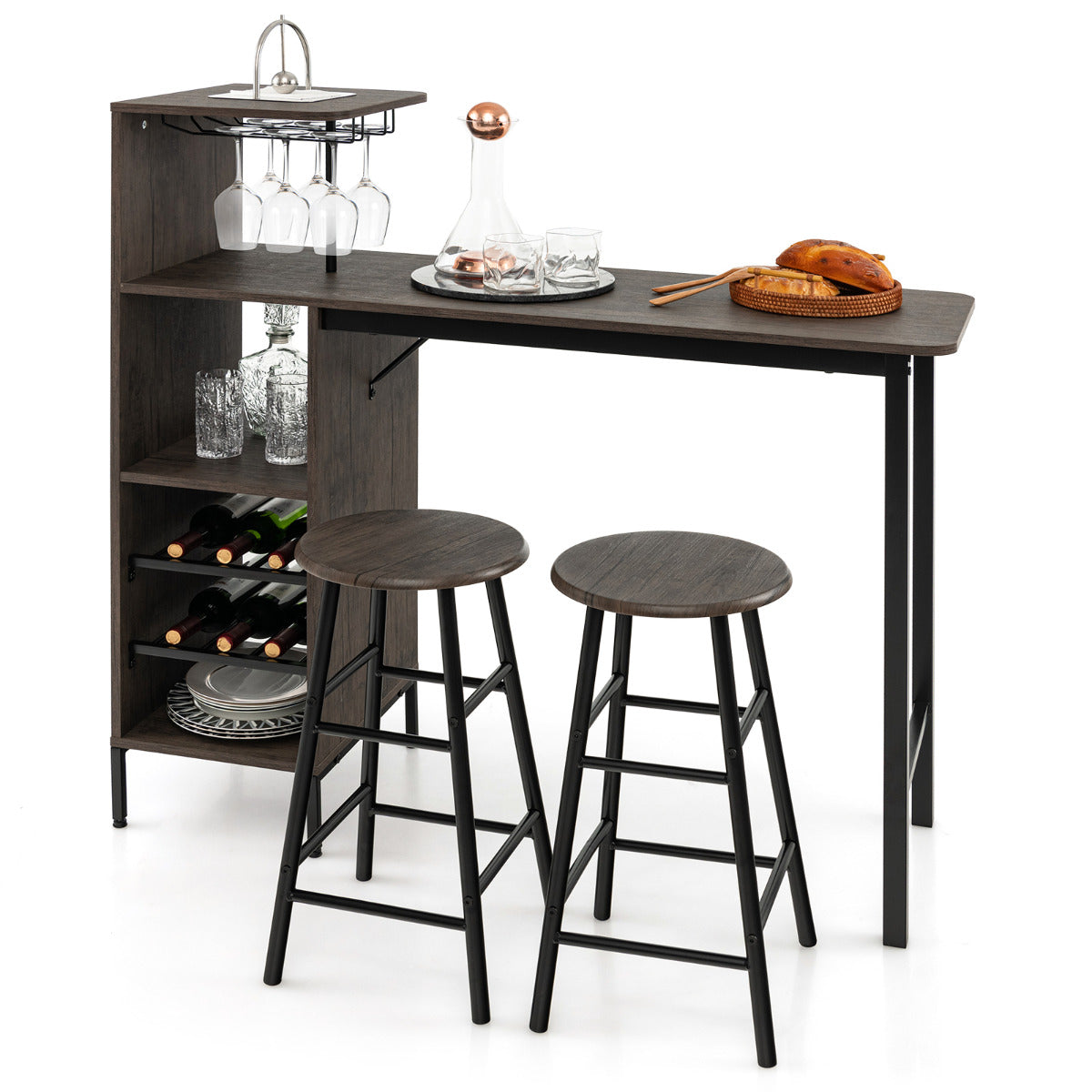 Conjunto de 3 Peças Mesa e Cadeiras de Bar Mesa e Bancos Industriais com Suportes para Copos Prateleiras para Sala de Jantar Cozinha Castanho